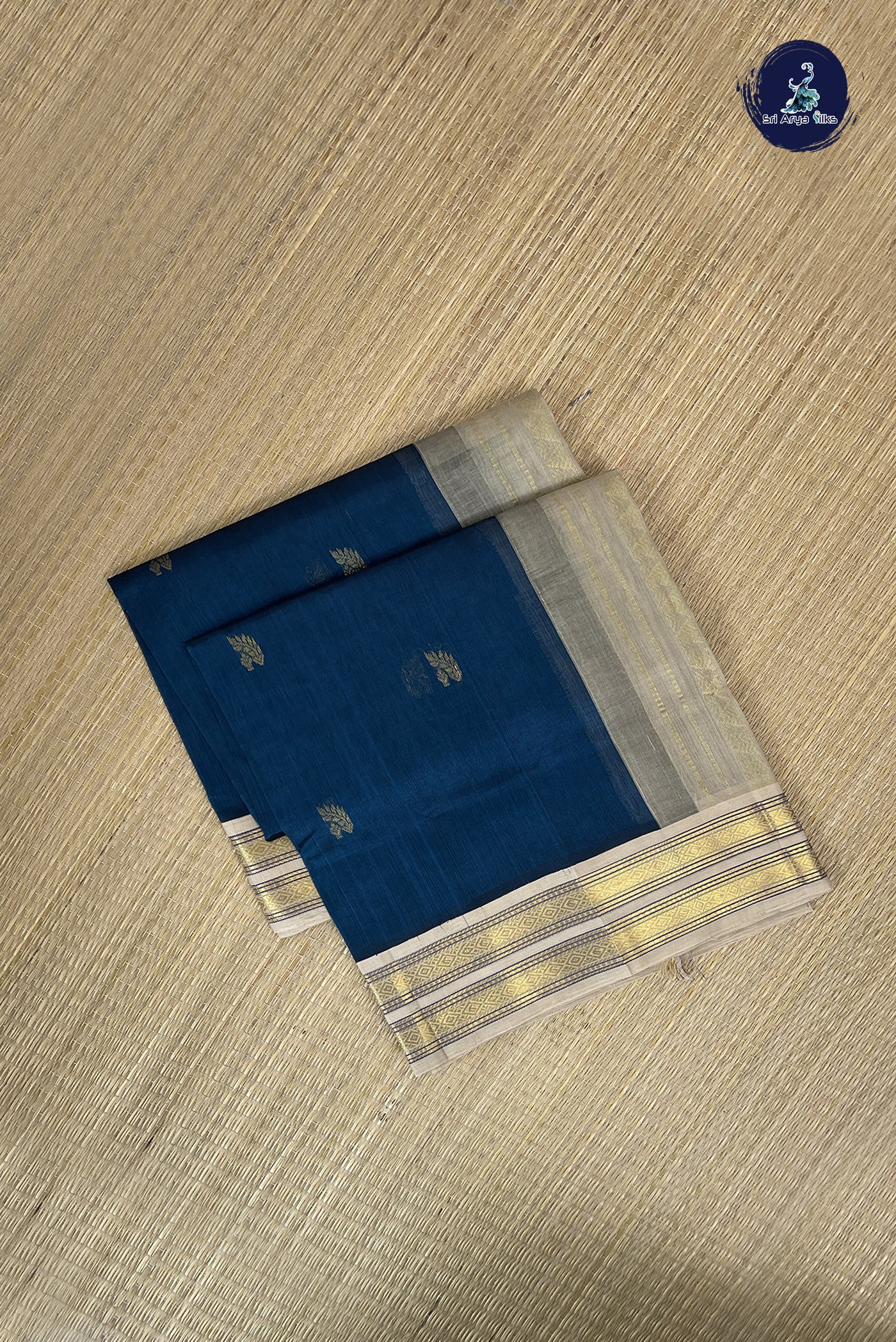 Peacock Blue Korvai Silk Cotton Saree With Zari Buttas Pattern