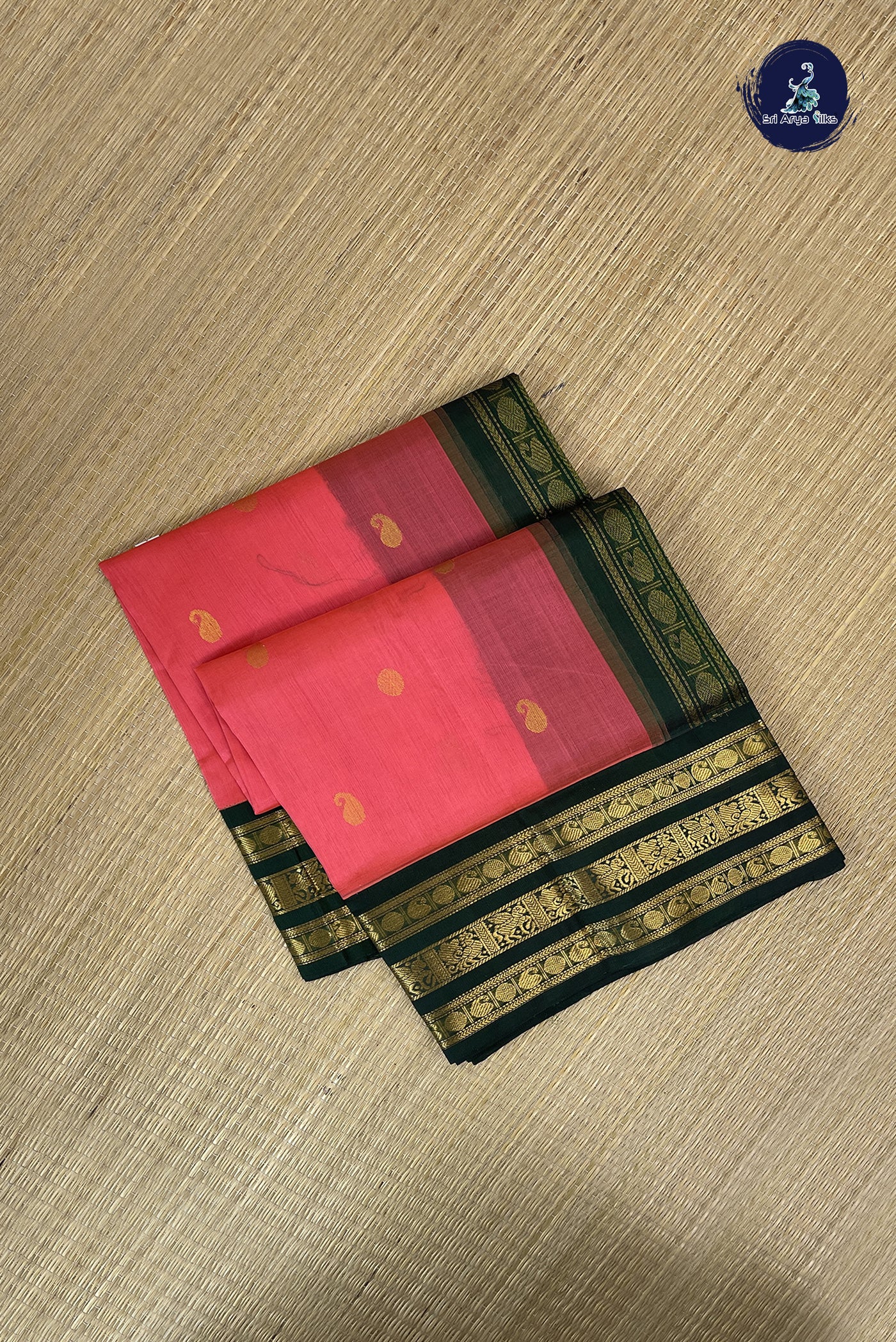 Peach Korvai Silk Cotton Saree With Zari Buttas Pattern