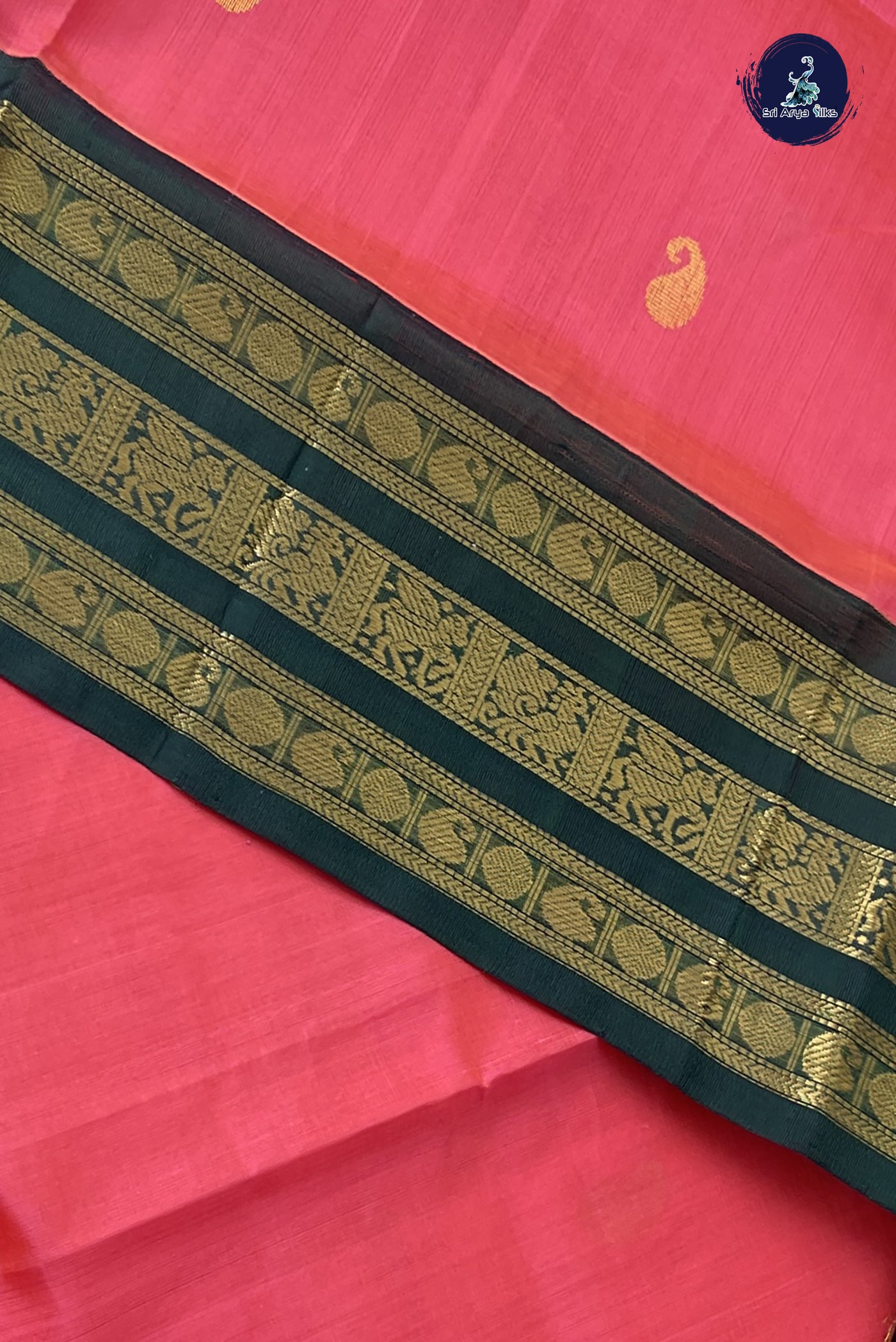 Peach Korvai Silk Cotton Saree With Zari Buttas Pattern