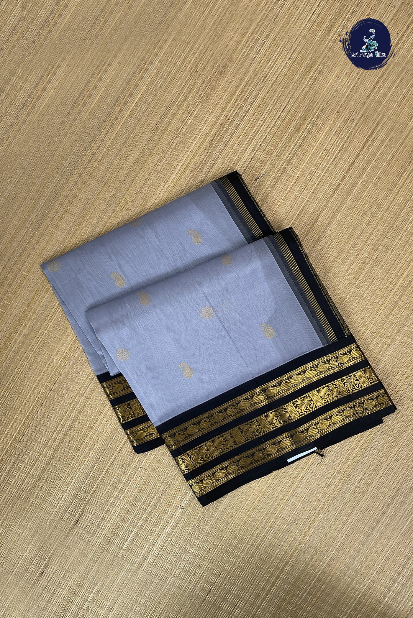 Grey Korvai Silk Cotton Saree With Zari Buttas Pattern