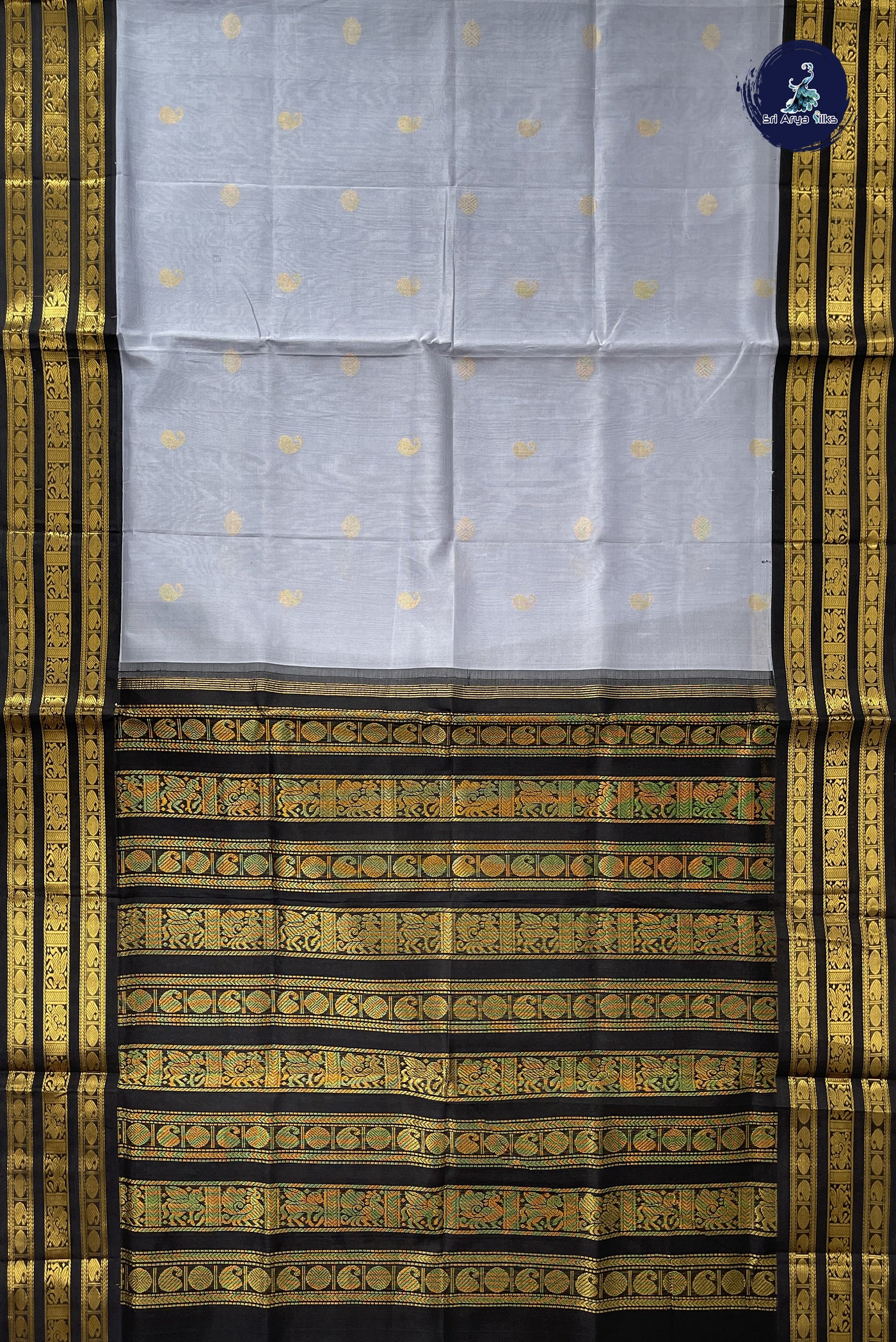 Grey Korvai Silk Cotton Saree With Zari Buttas Pattern