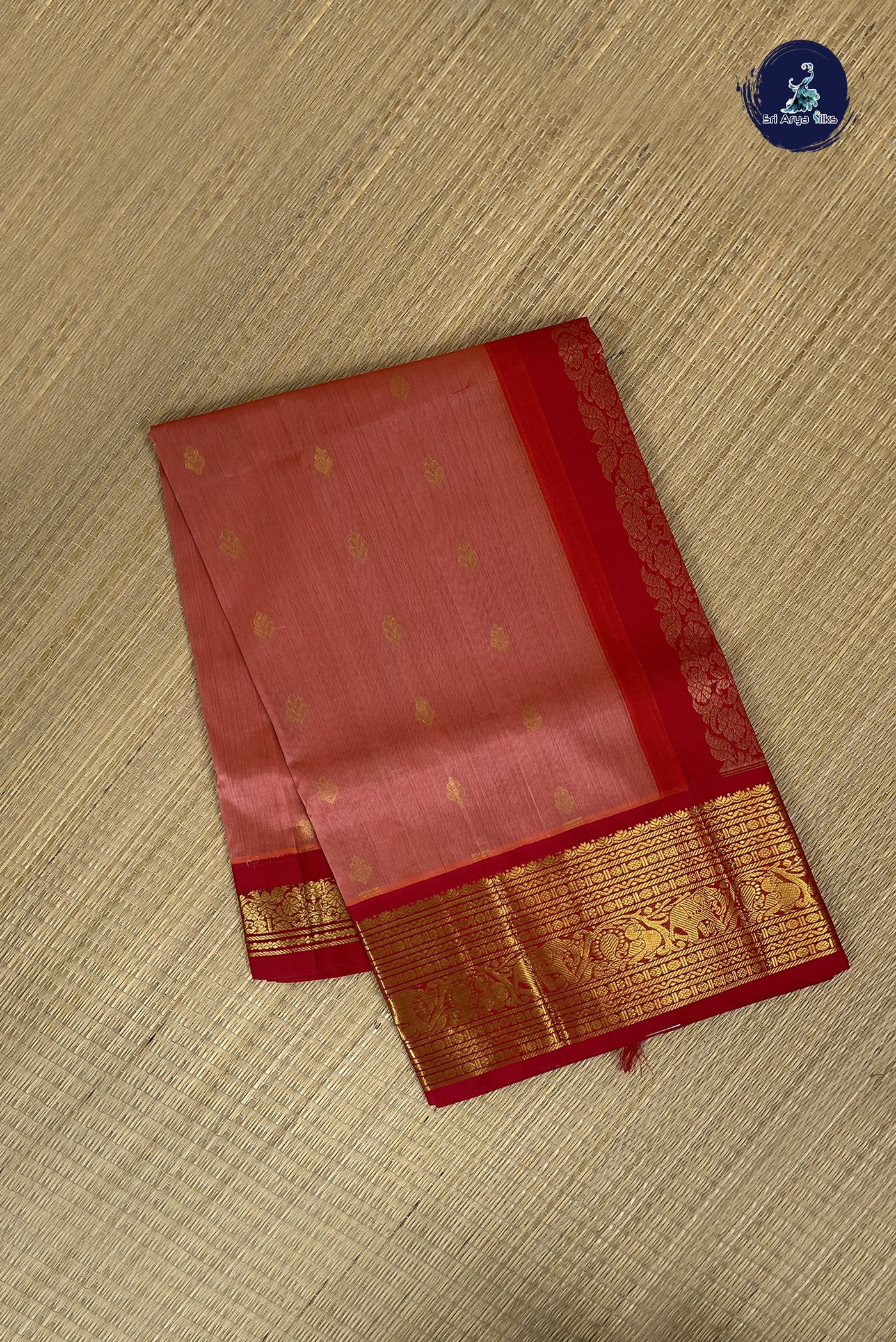 Peach Korvai Silk Cotton Saree With Zari Buttas Pattern
