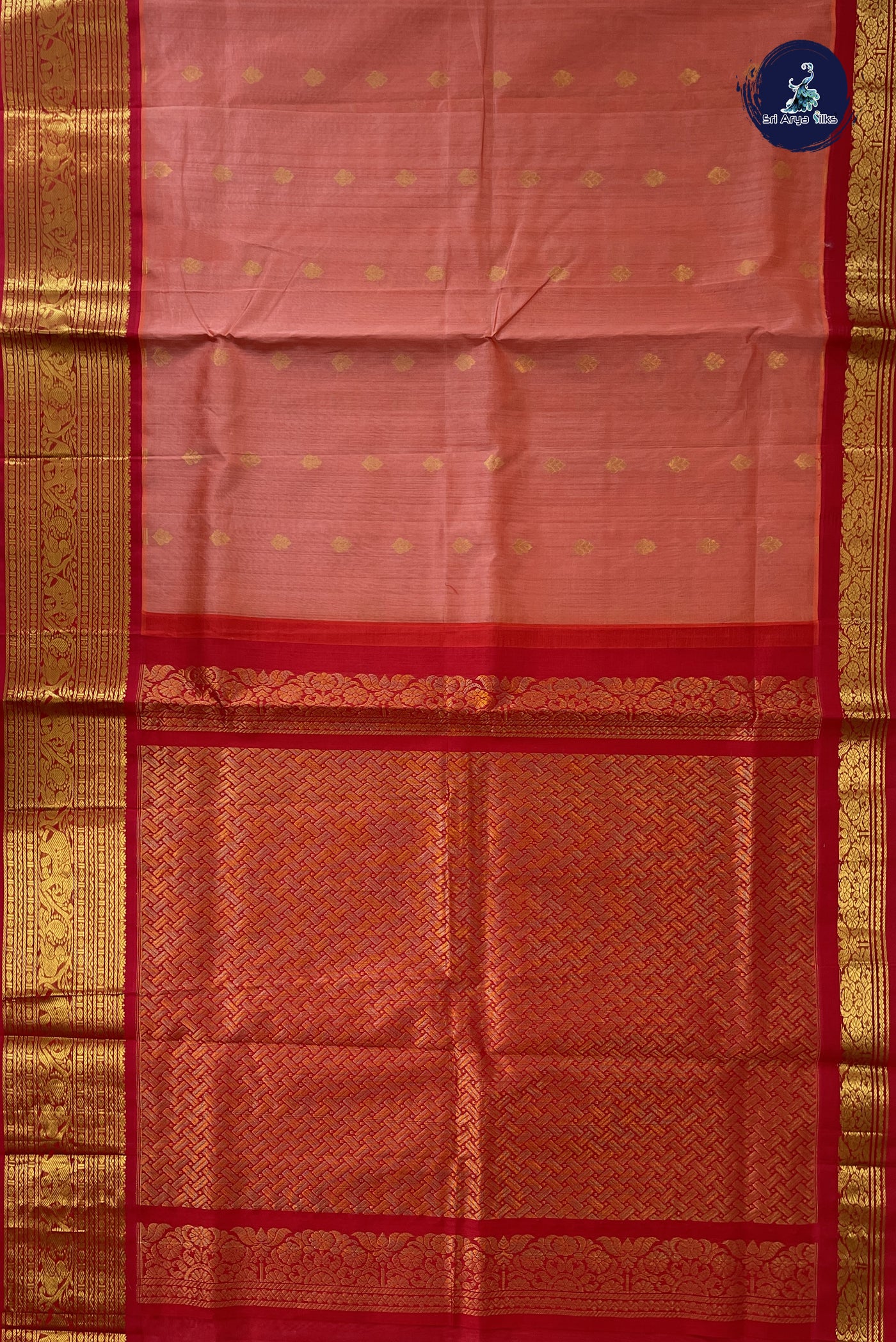 Peach Korvai Silk Cotton Saree With Zari Buttas Pattern
