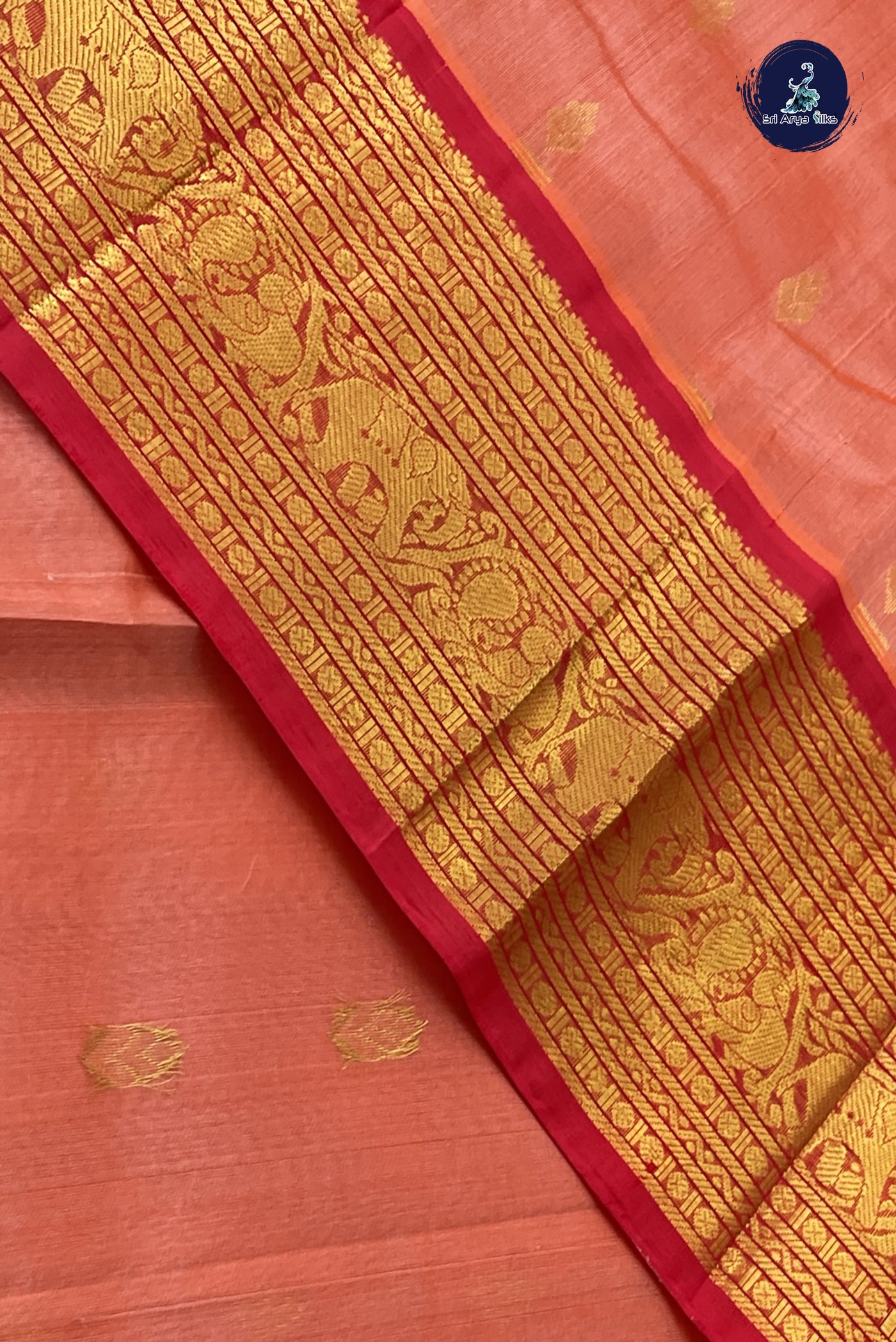 Peach Korvai Silk Cotton Saree With Zari Buttas Pattern