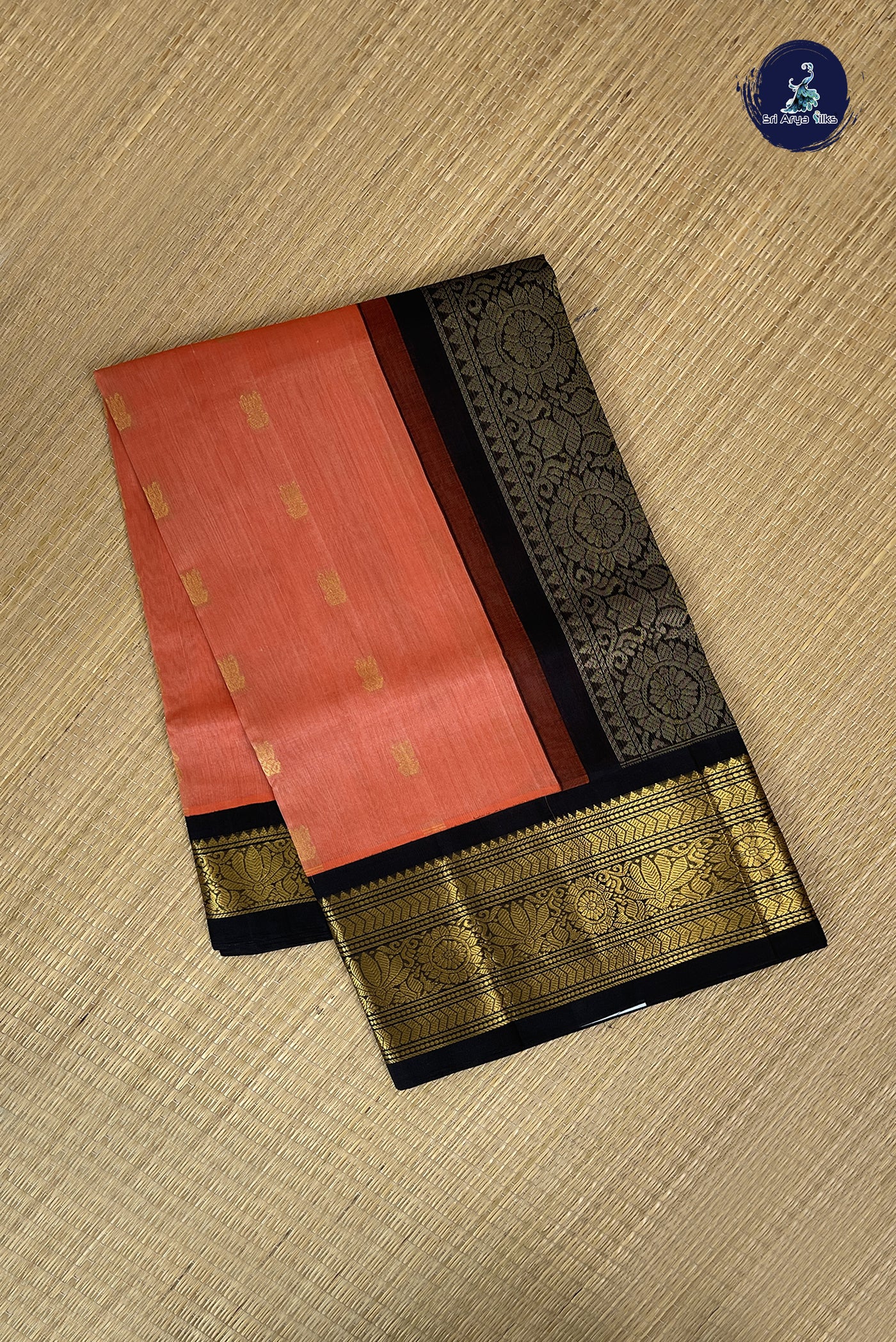 Peach Korvai Silk Cotton Saree With Zari Buttas Pattern