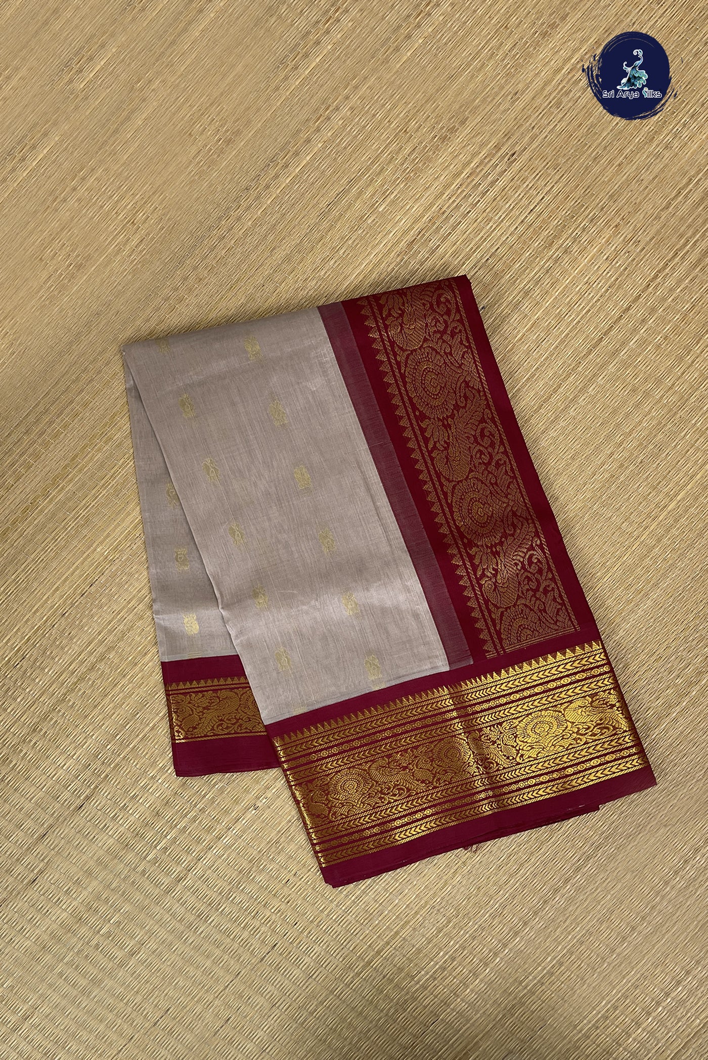 Grey Korvai Silk Cotton Saree With Zari Buttas Pattern