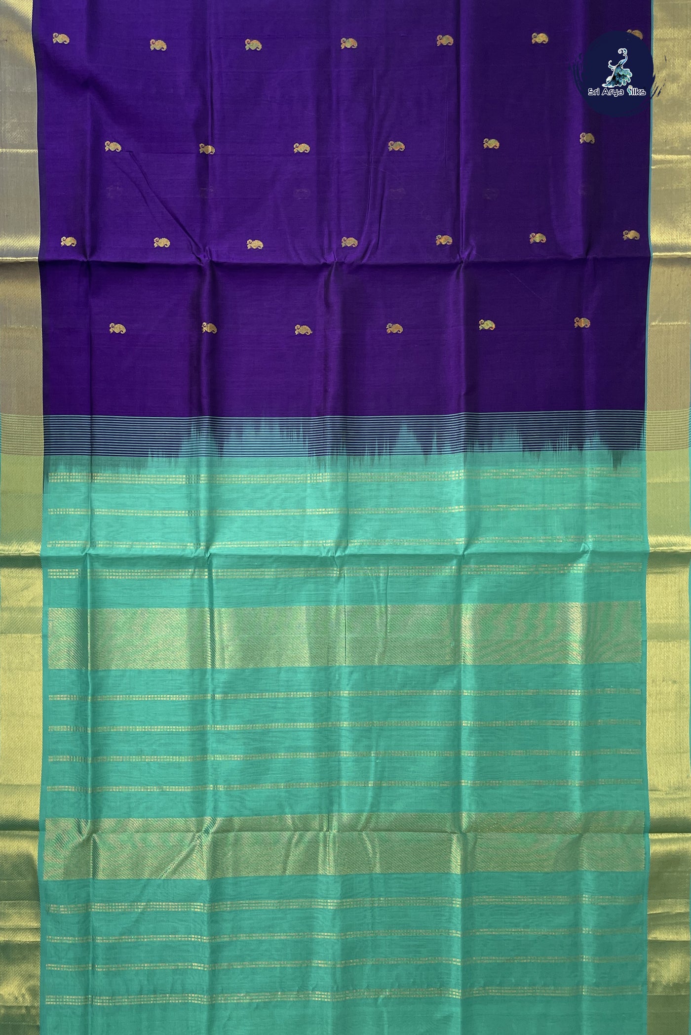 Dark Brinjal Simple Silk Cotton Saree With Zari Buttas Pattern