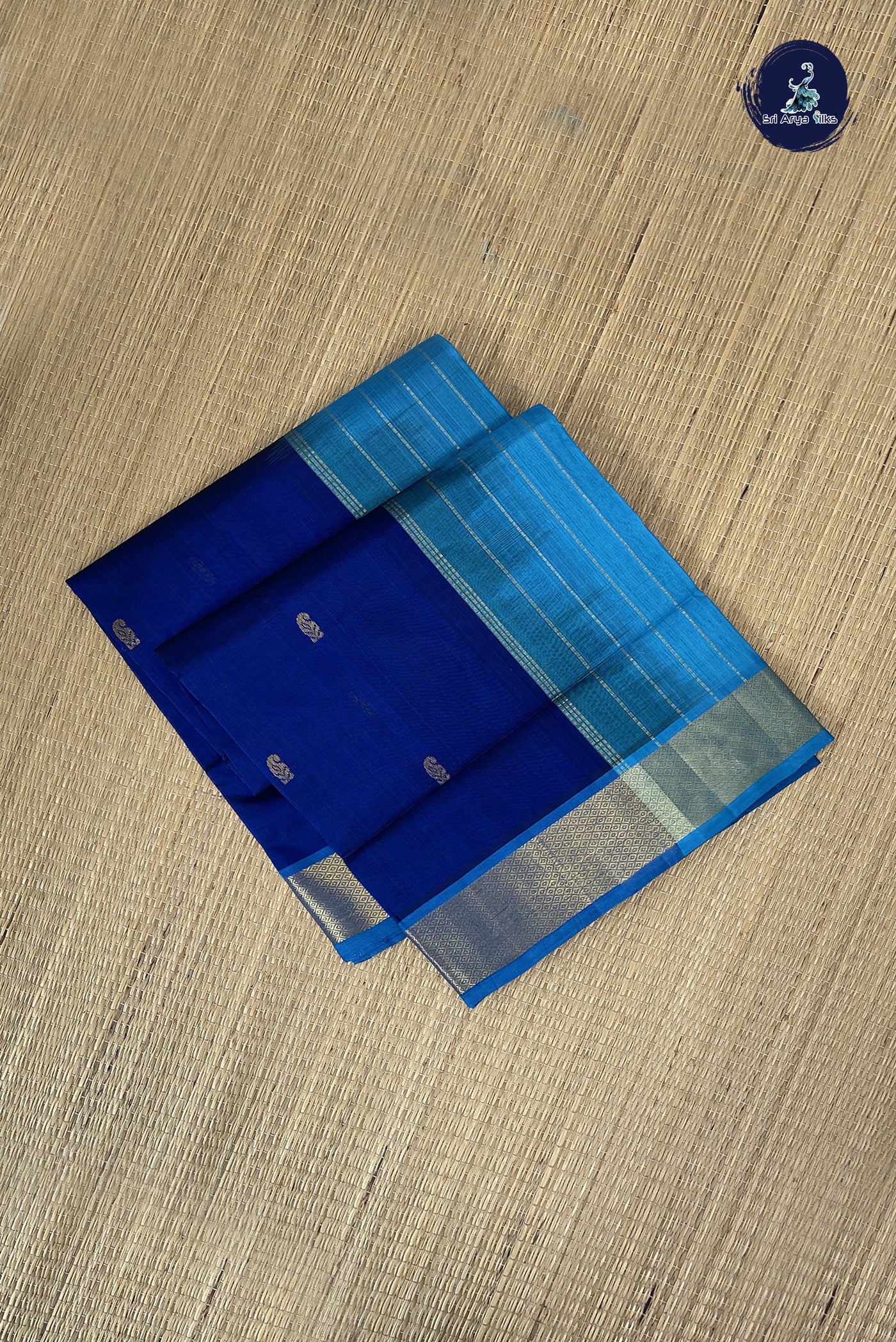 Dark Blue Simple Silk Cotton Saree With Zari Buttas Pattern