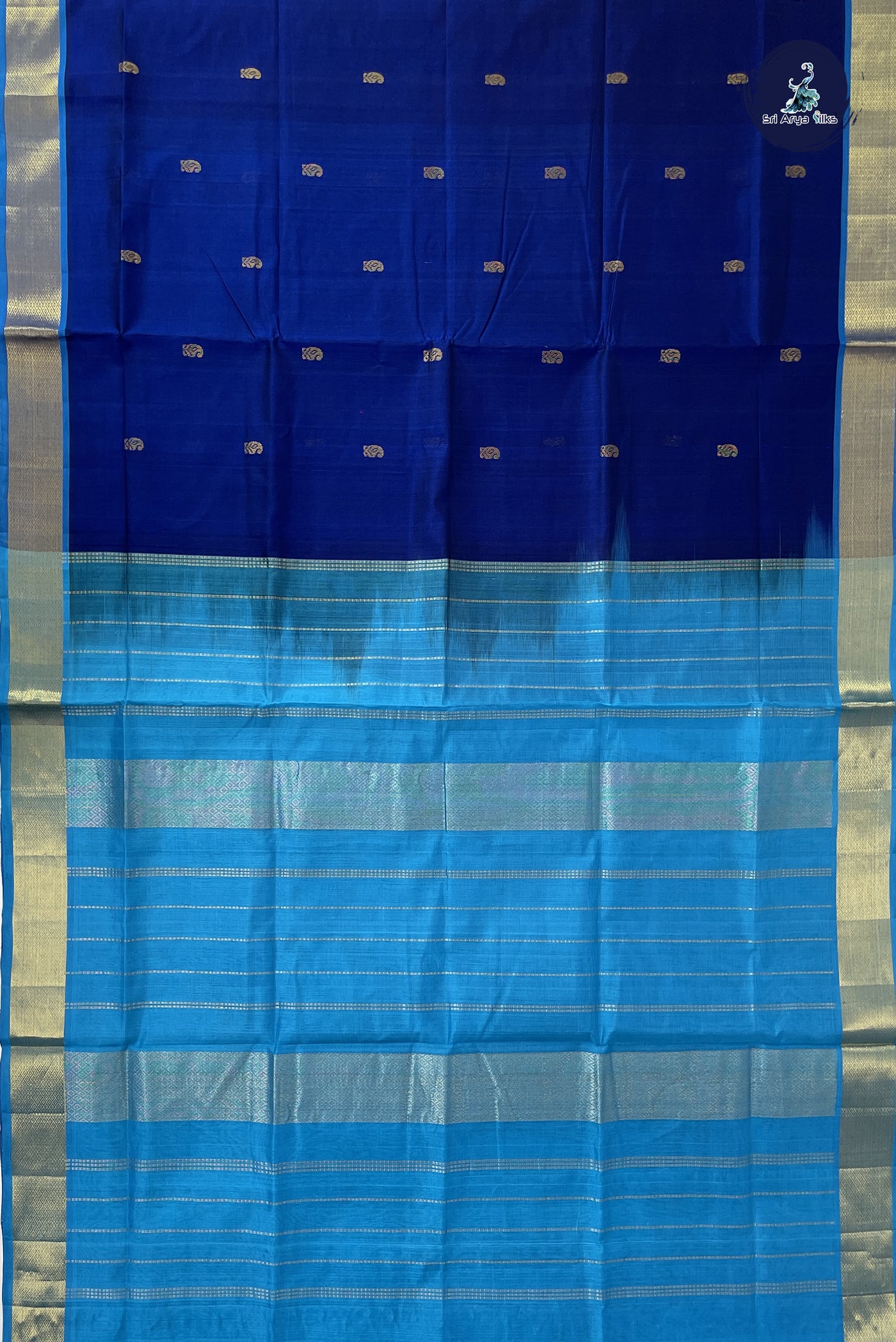 Dark Blue Simple Silk Cotton Saree With Zari Buttas Pattern