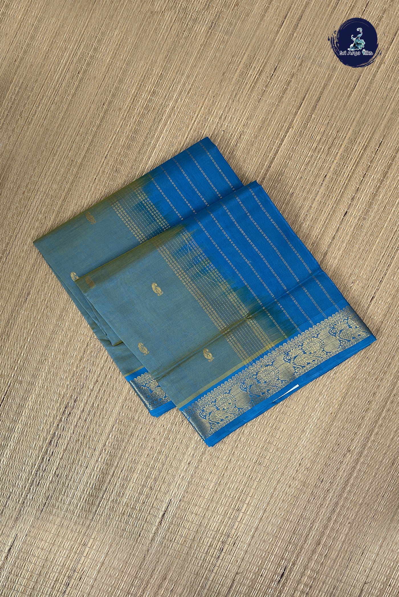 Dual Tone Blue Simple Silk Cotton Saree With Zari Buttas Pattern