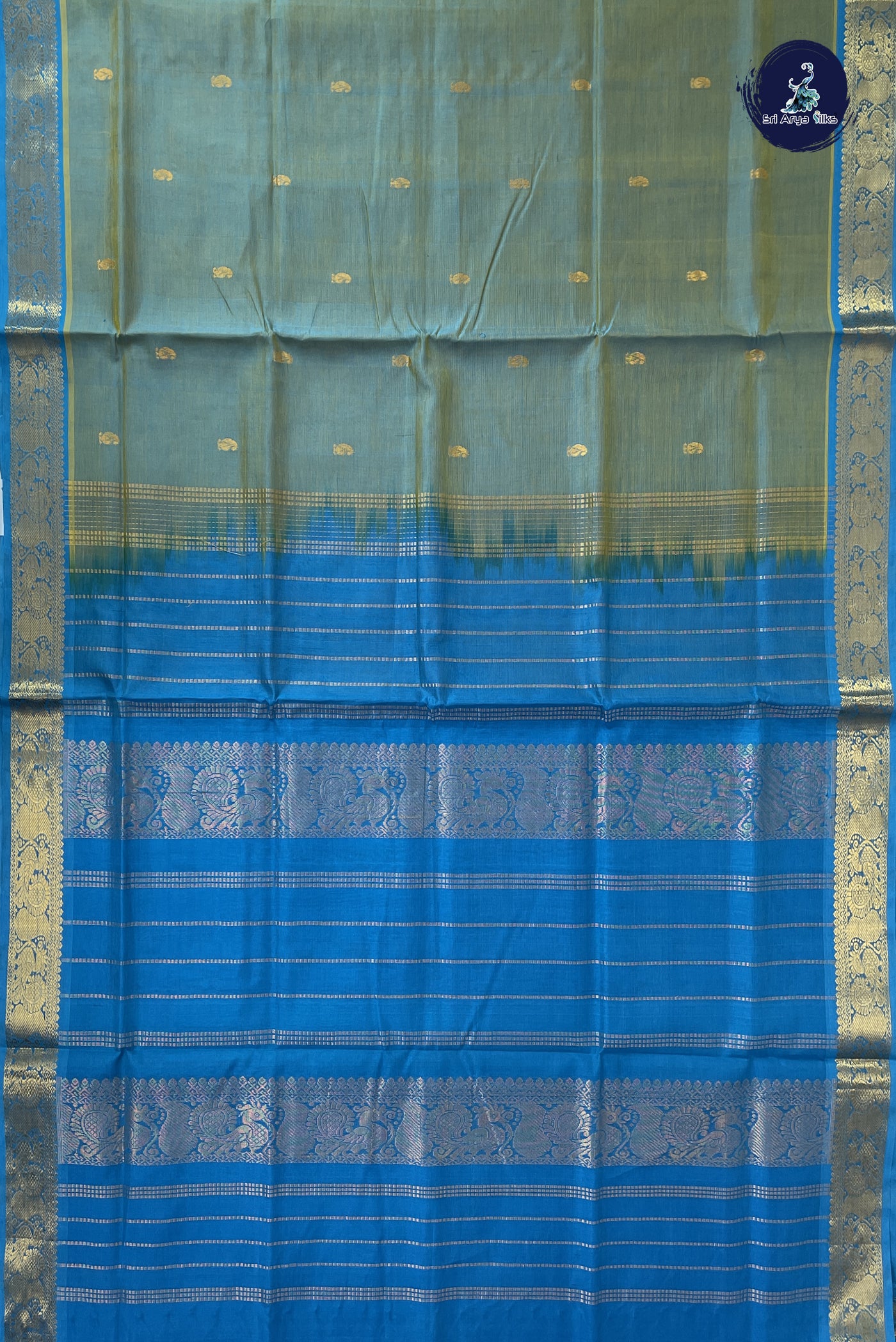 Dual Tone Blue Simple Silk Cotton Saree With Zari Buttas Pattern