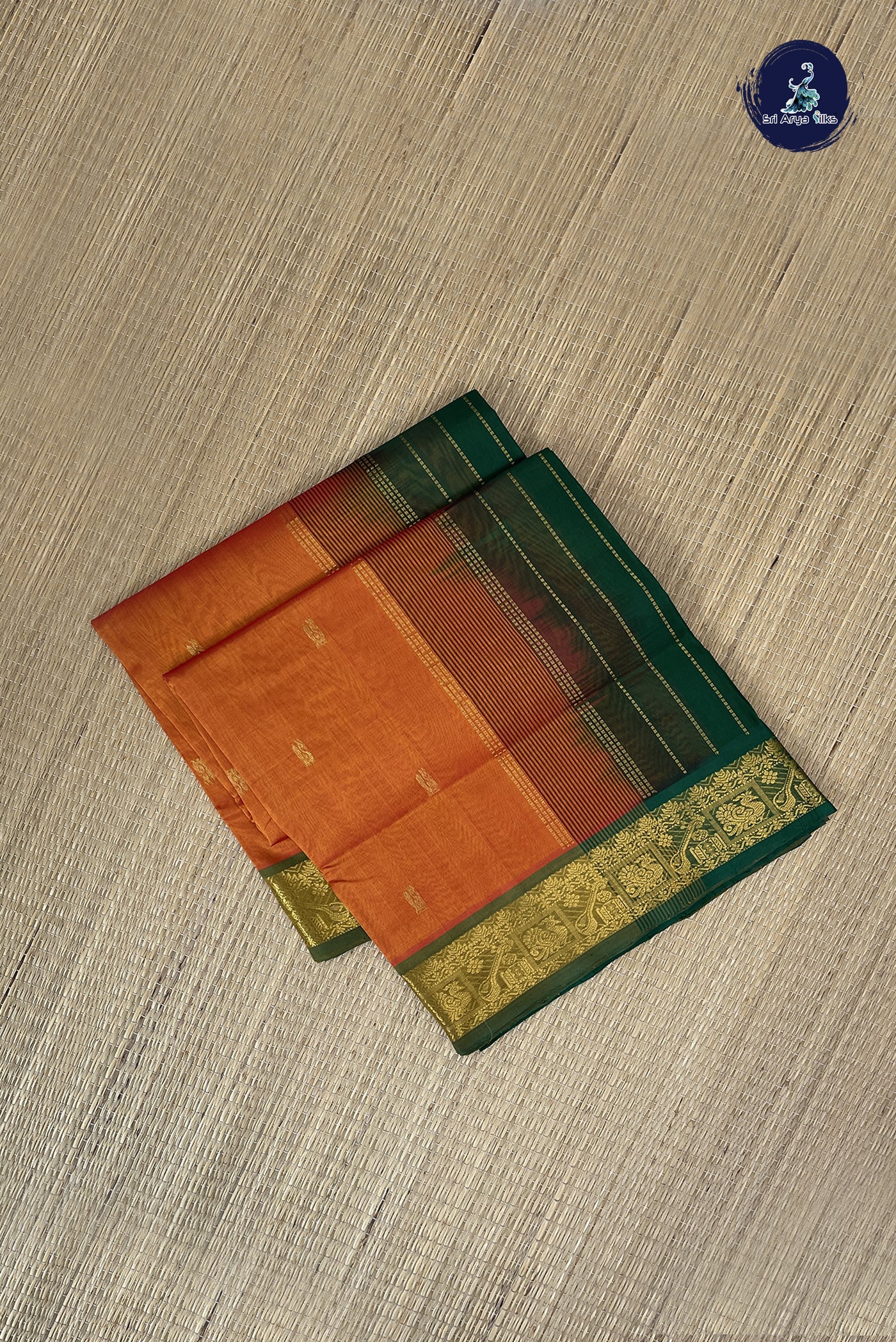 Lite Mustard Orange Simple Silk Cotton Saree With Zari Buttas Pattern