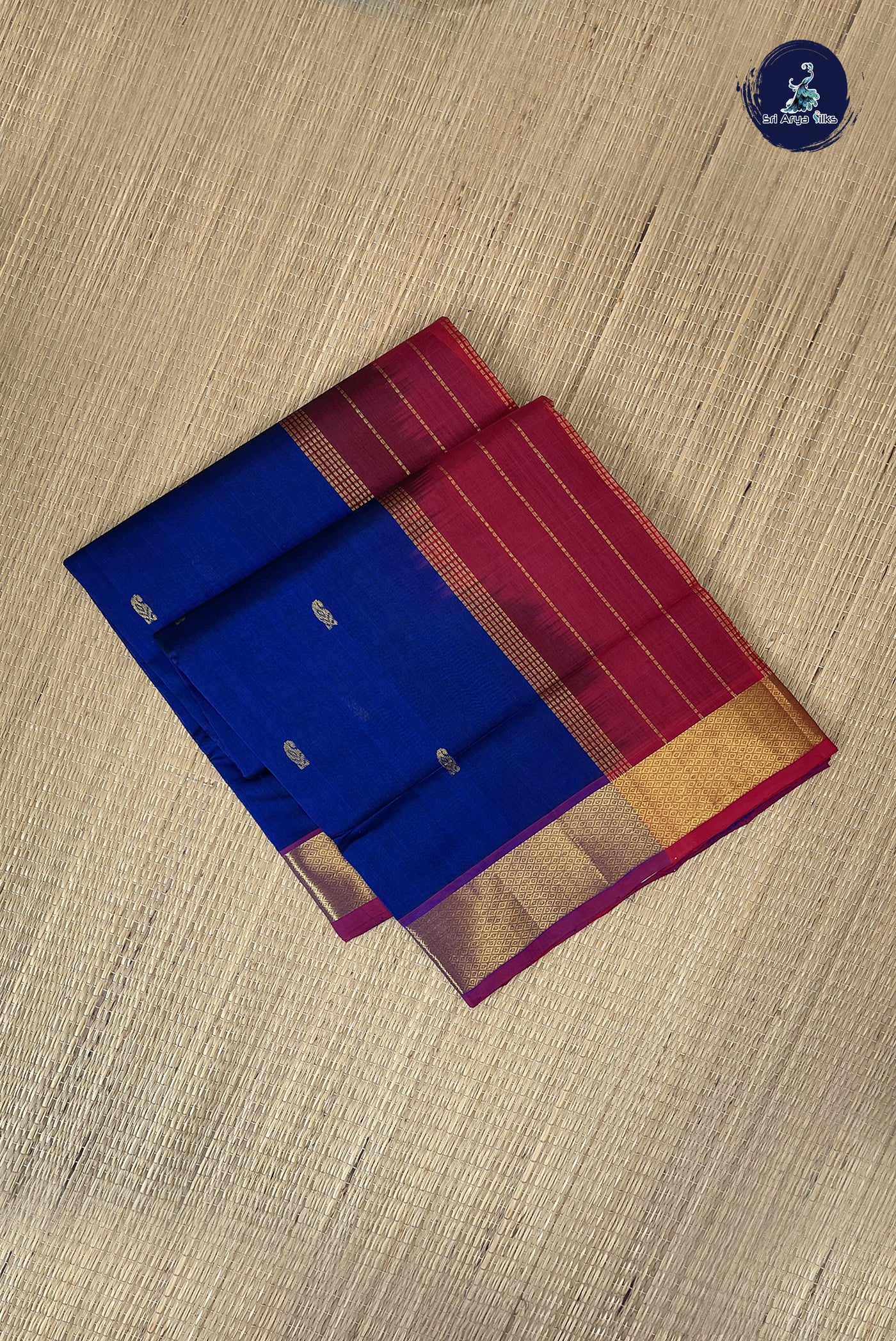 Dark Blue Simple Silk Cotton Saree With Zari Buttas Pattern