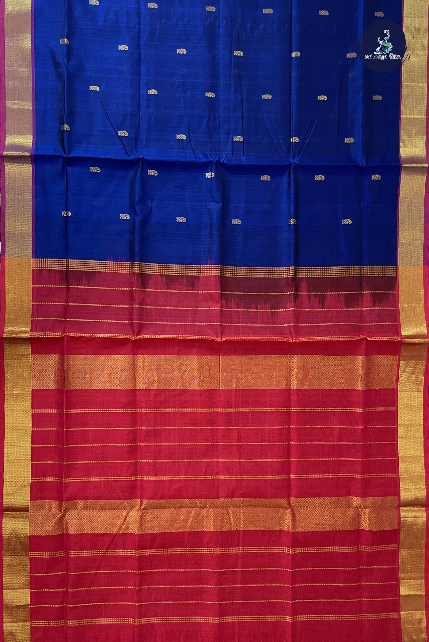 Dark Blue Simple Silk Cotton Saree With Zari Buttas Pattern