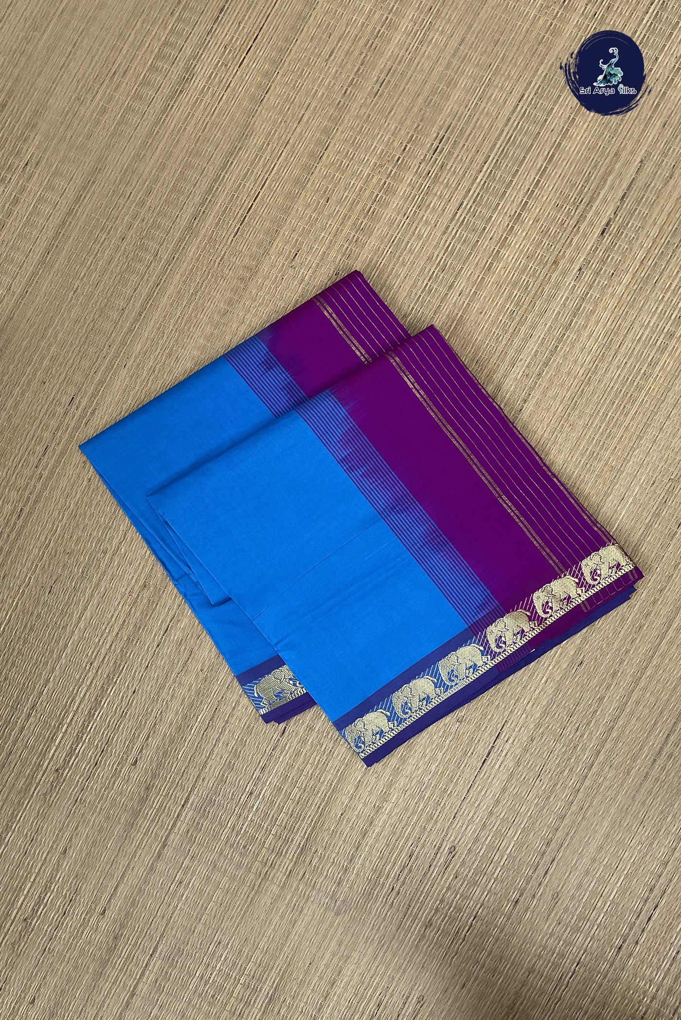 Copper Sulphate Blue Kanchi Semi Silk Cotton Saree With Plain Pattern