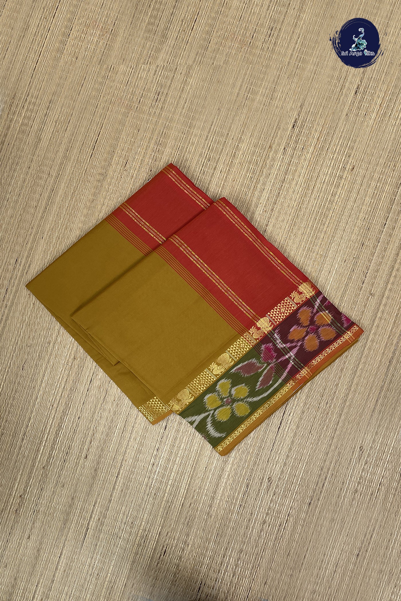 Mustard Kanchi Semi Silk Cotton Saree With Plain Pattern