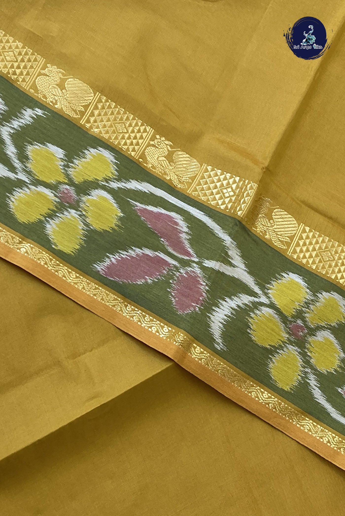 Mustard Kanchi Semi Silk Cotton Saree With Plain Pattern
