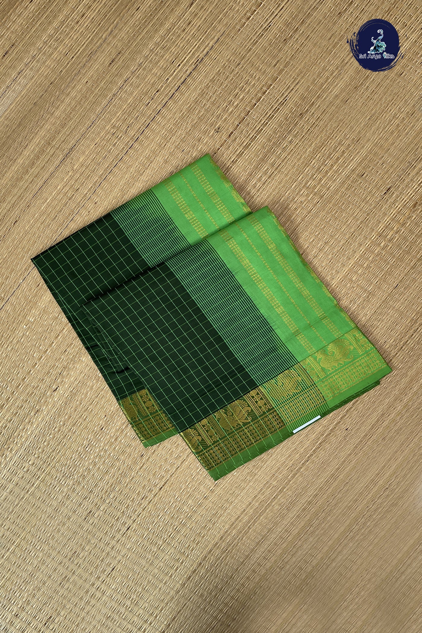 Dark Green Kanchi Semi Silk Cotton Saree With Checked Pattern