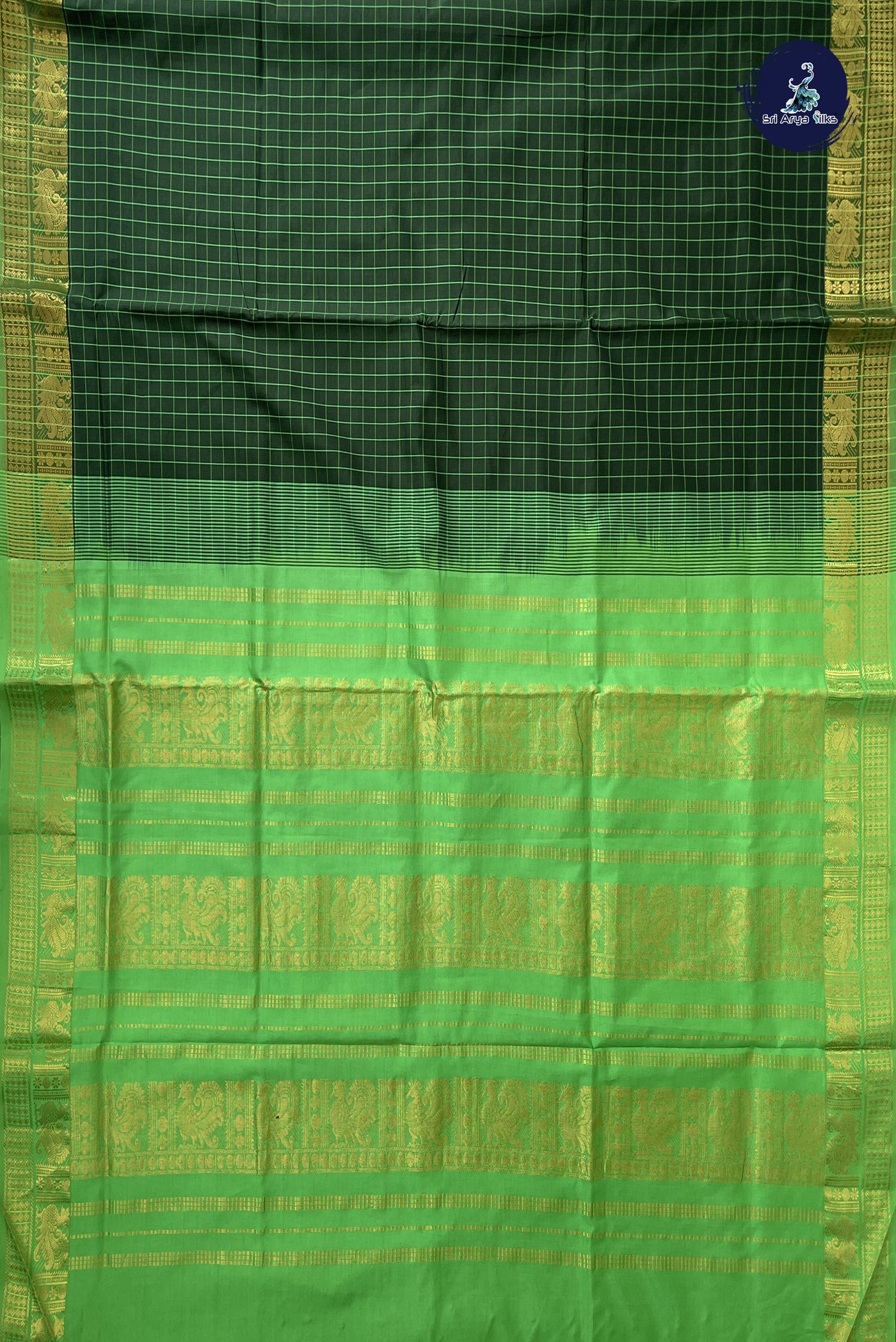 Dark Green Kanchi Semi Silk Cotton Saree With Checked Pattern