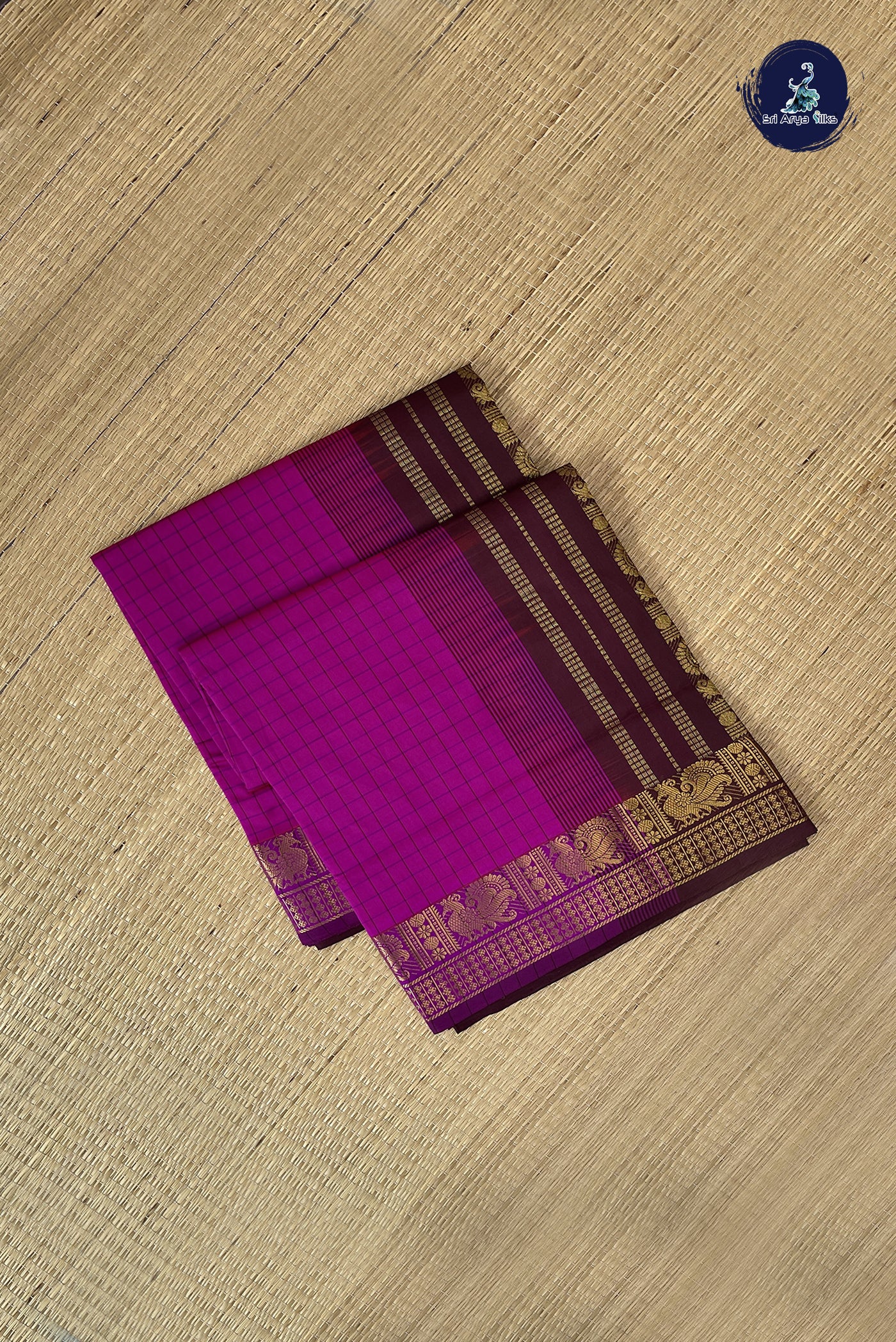Magenta Kanchi Semi Silk Cotton Saree With Checked Pattern