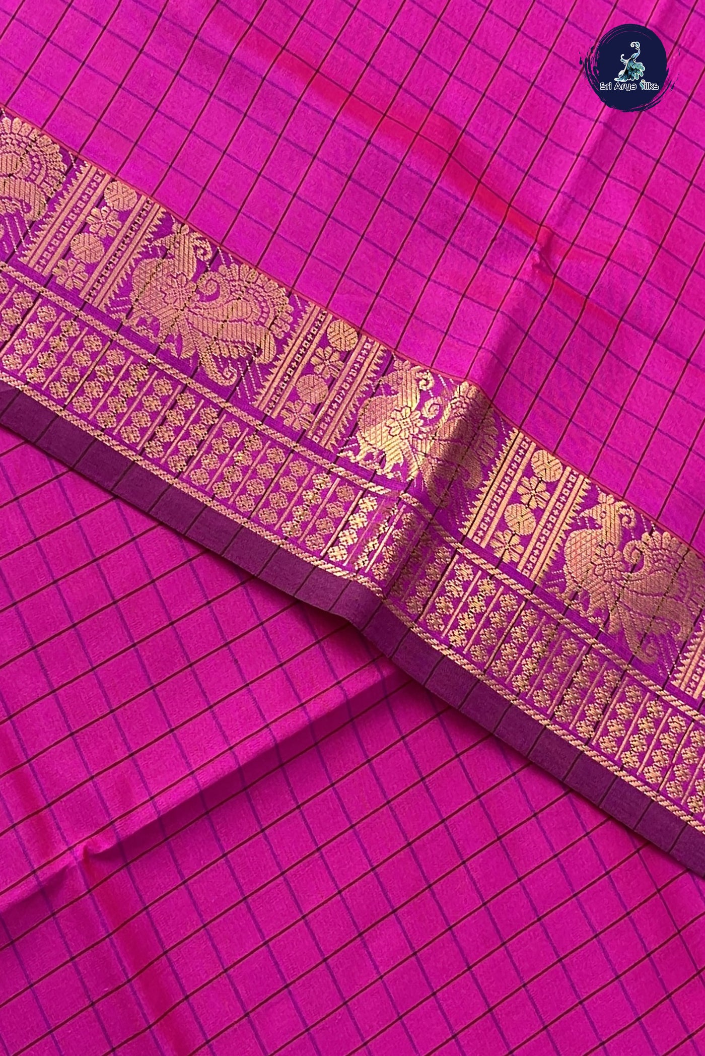 Magenta Kanchi Semi Silk Cotton Saree With Checked Pattern