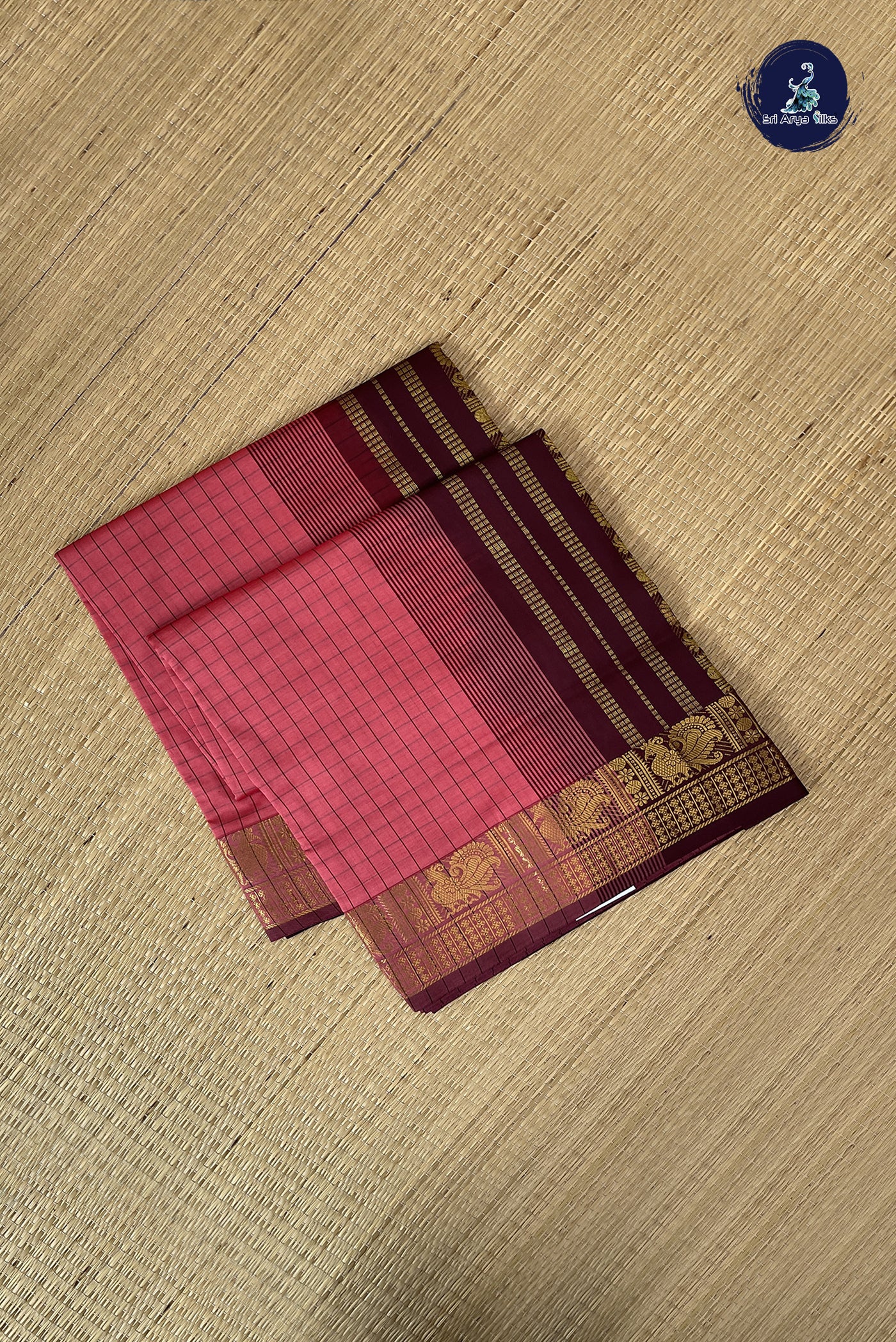 Caramel Pink Kanchi Semi Silk Cotton Saree With Checked Pattern