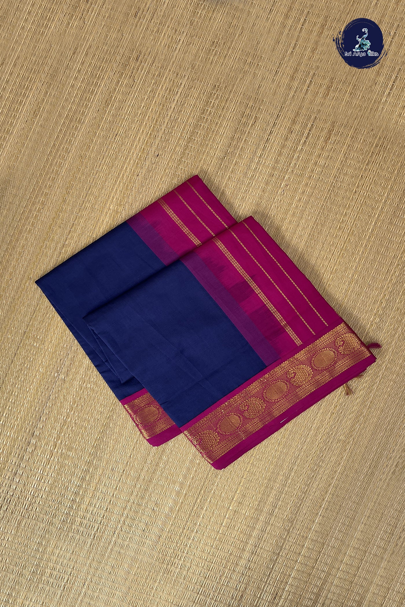 Navy Blue Kanchi Semi Silk Cotton Saree With Plain Pattern