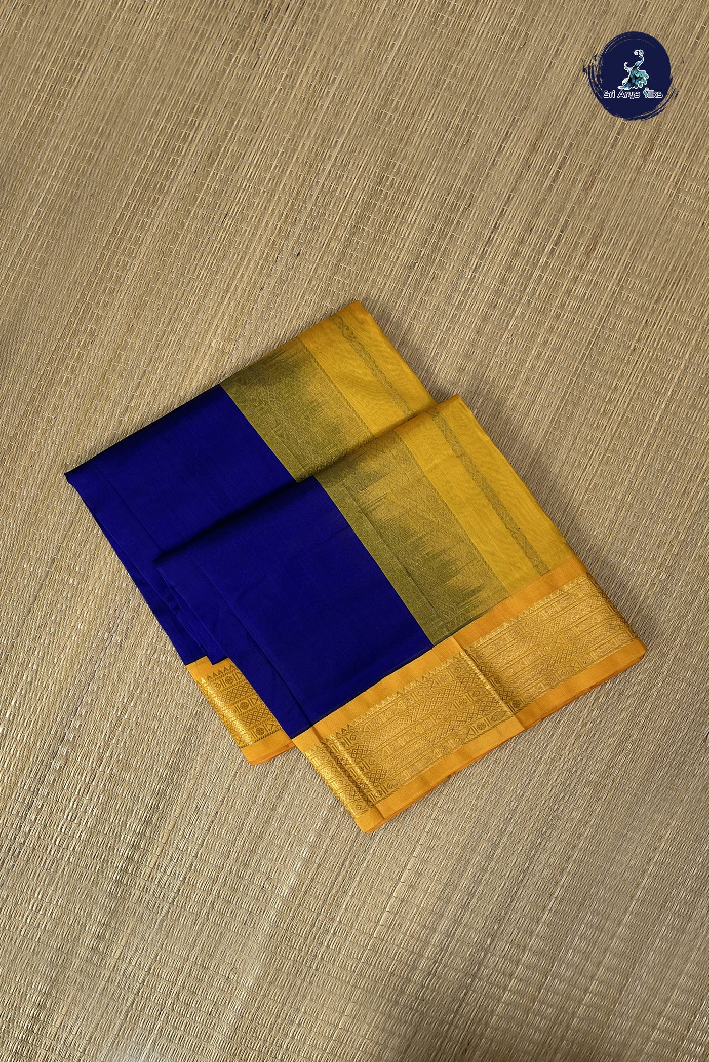Ink Blue Korvai Silk Cotton Saree With Plain Pattern