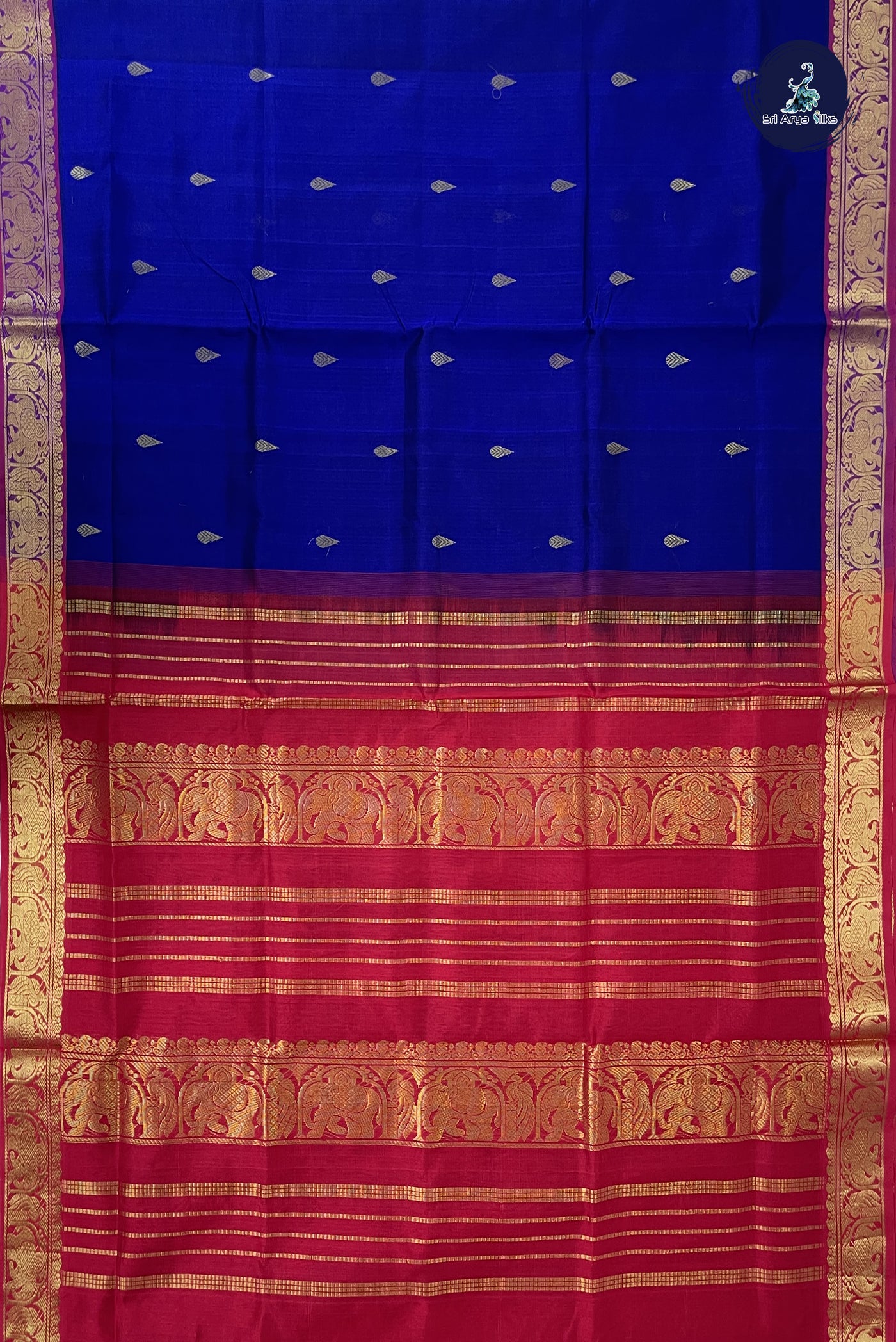 Ink Blue Simple Silk Cotton Saree With Zari Buttas Pattern
