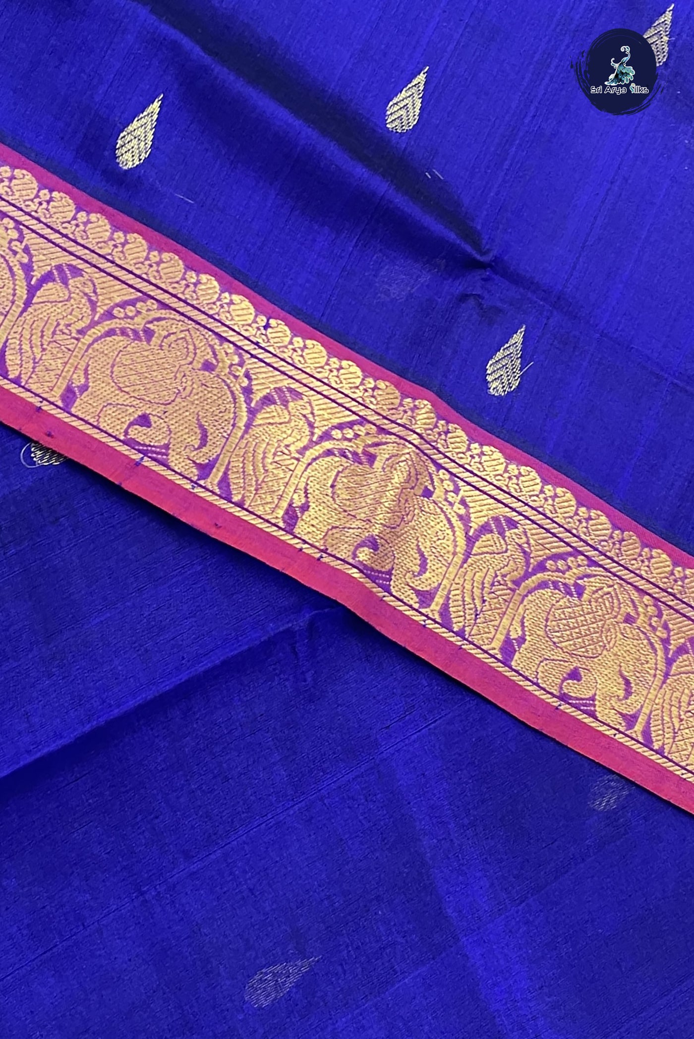 Ink Blue Simple Silk Cotton Saree With Zari Buttas Pattern