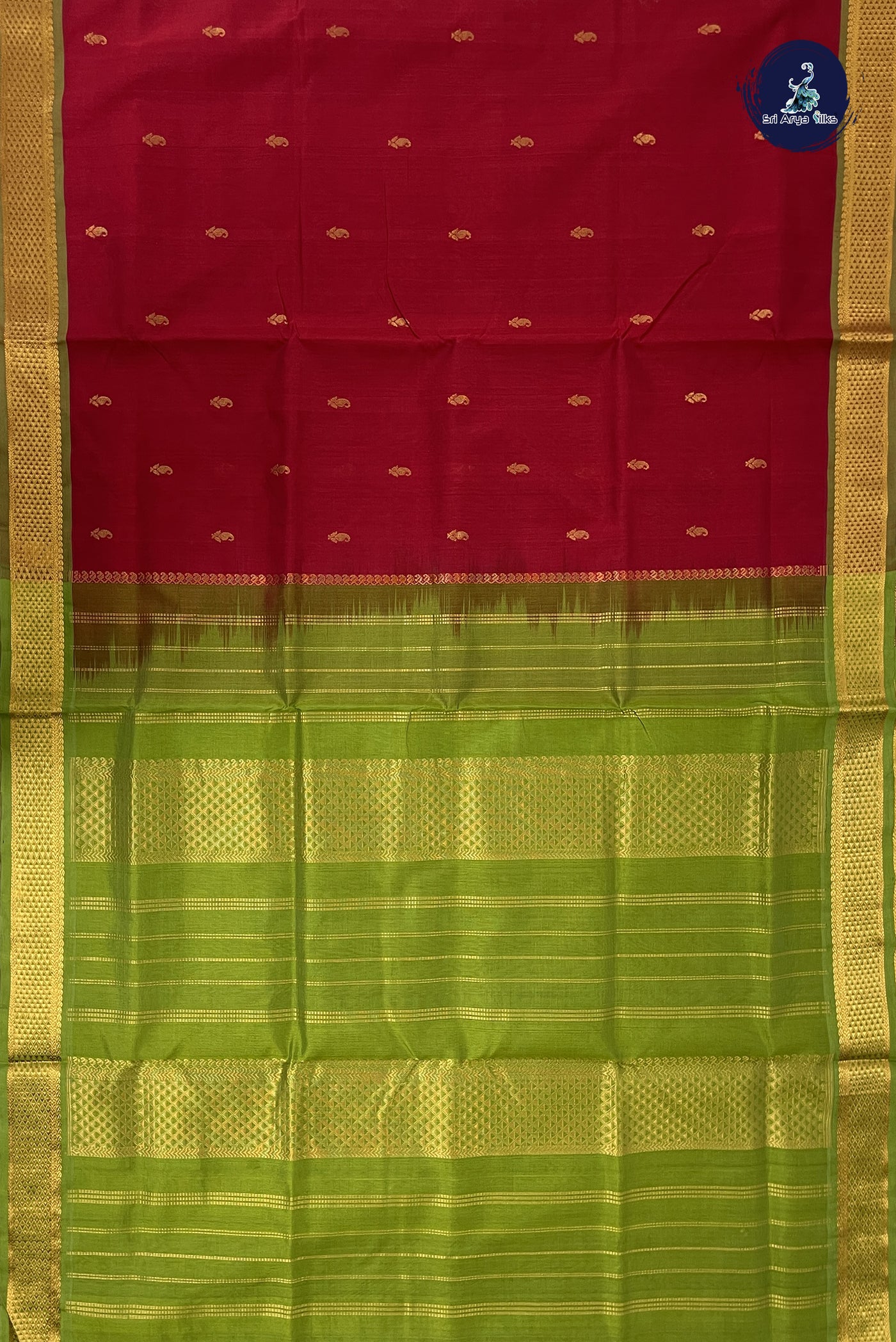 Red Simple Silk Cotton Saree With Zari Buttas Pattern