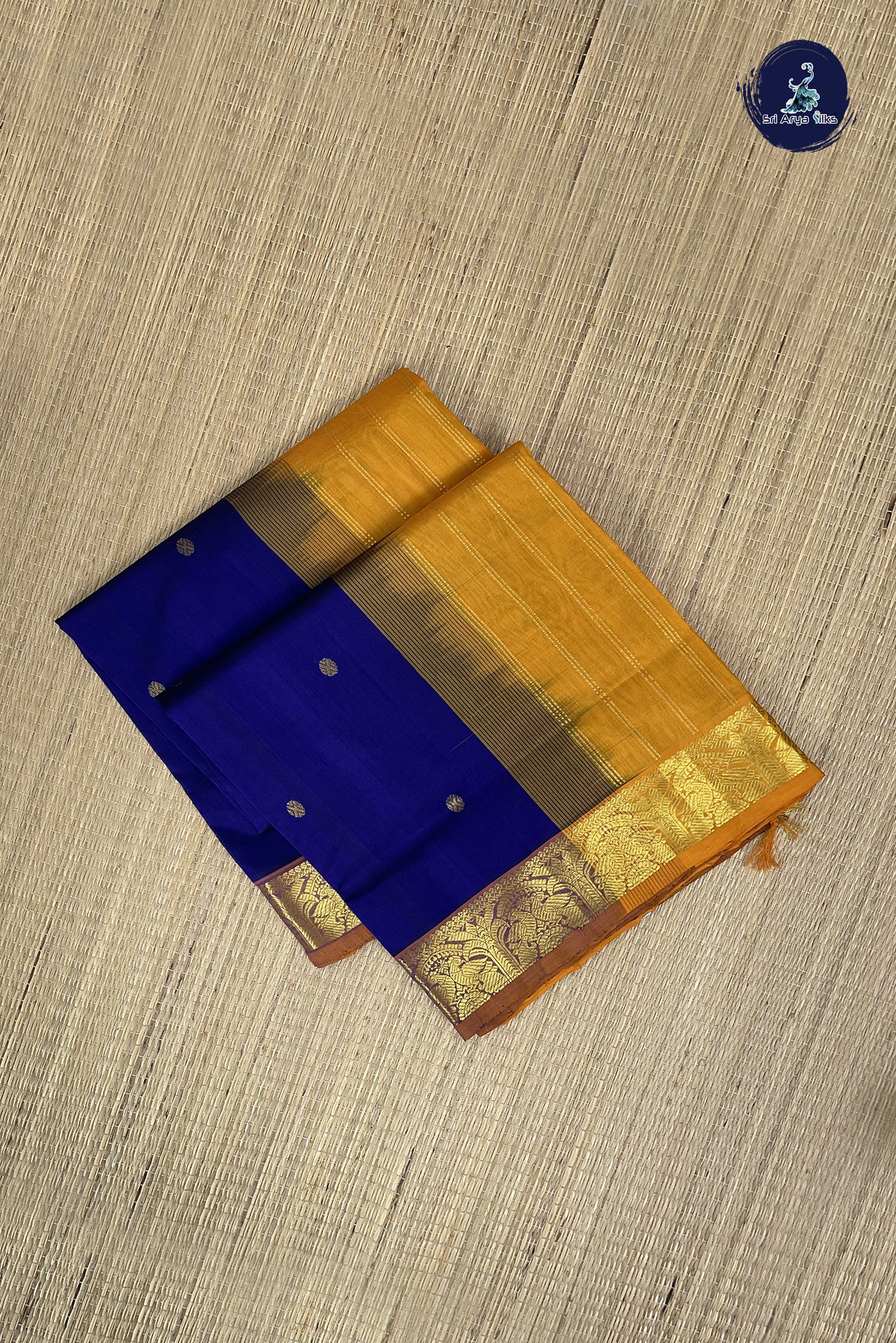 Dark Blue Simple Silk Cotton Saree With Zari Buttas Pattern