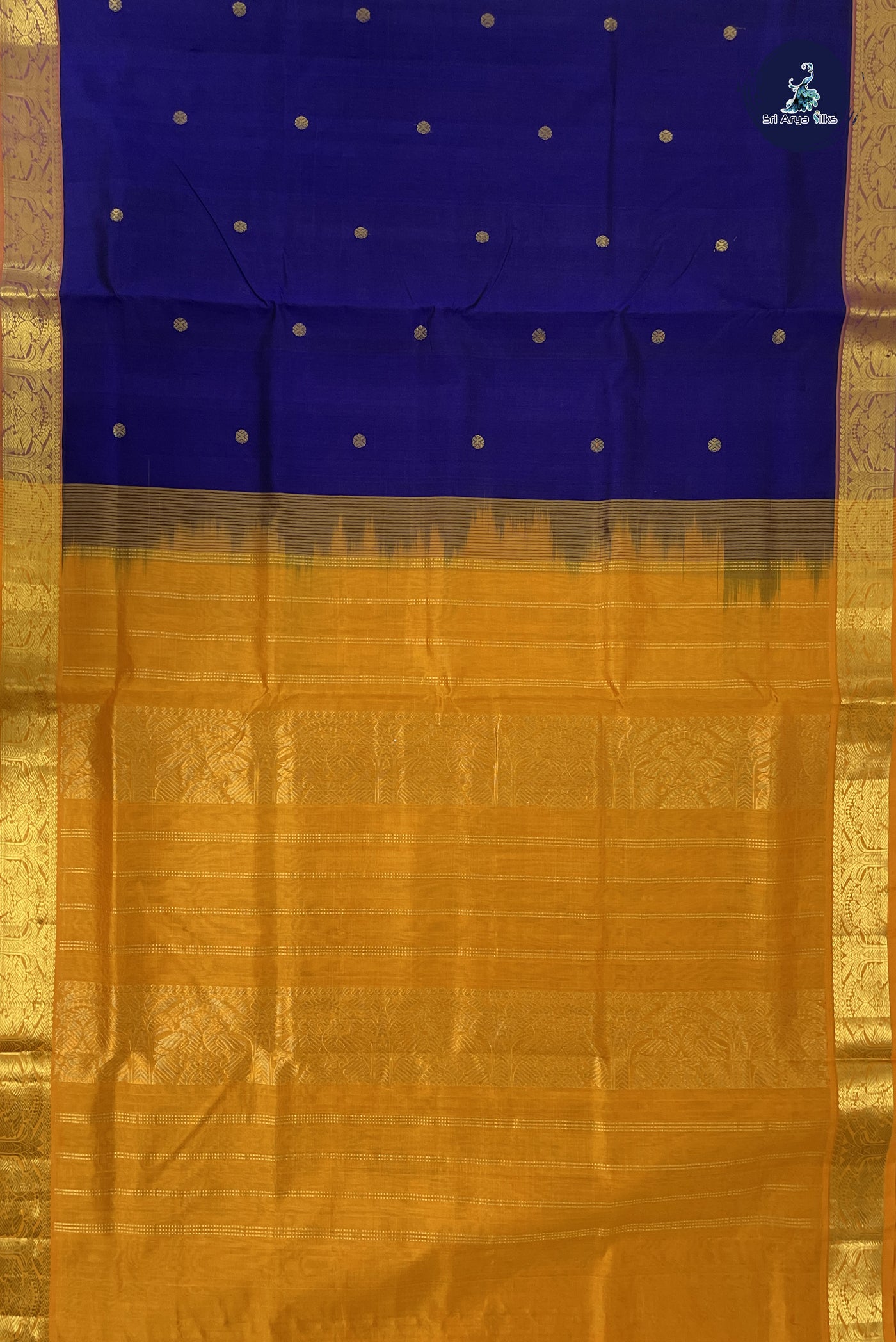 Dark Blue Simple Silk Cotton Saree With Zari Buttas Pattern