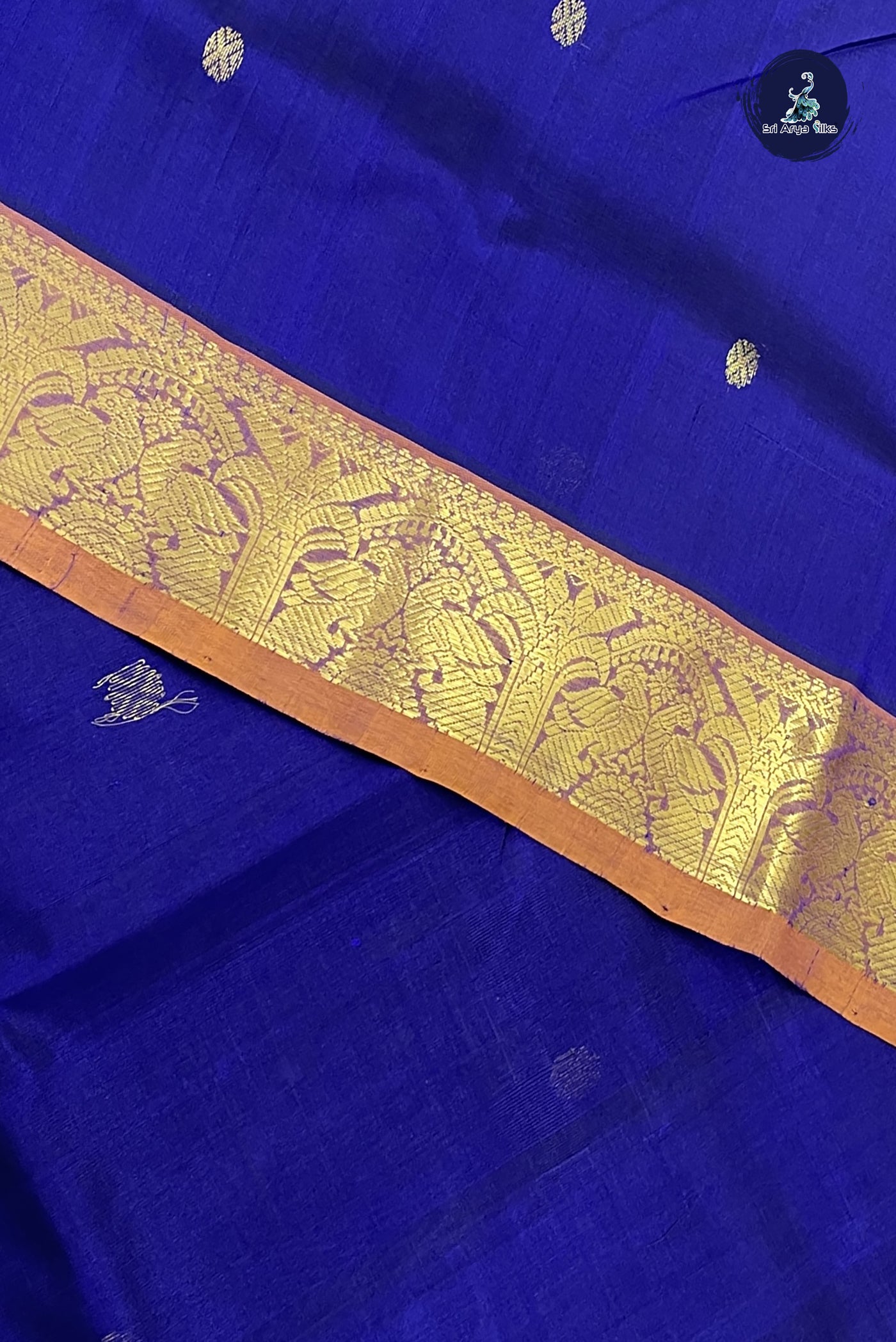 Dark Blue Simple Silk Cotton Saree With Zari Buttas Pattern
