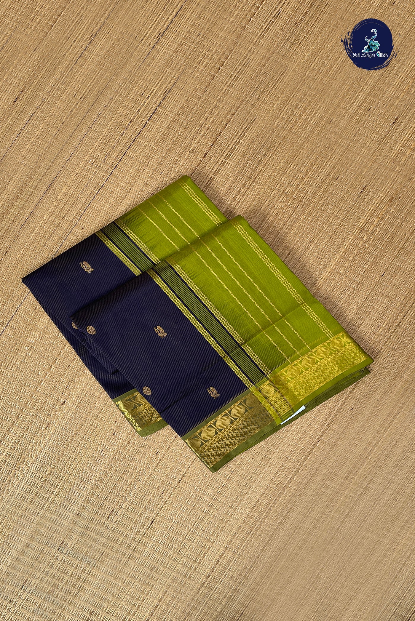Navy Blue Vaira Oosi Silk Cotton Saree With Vaira Oosi Pattern