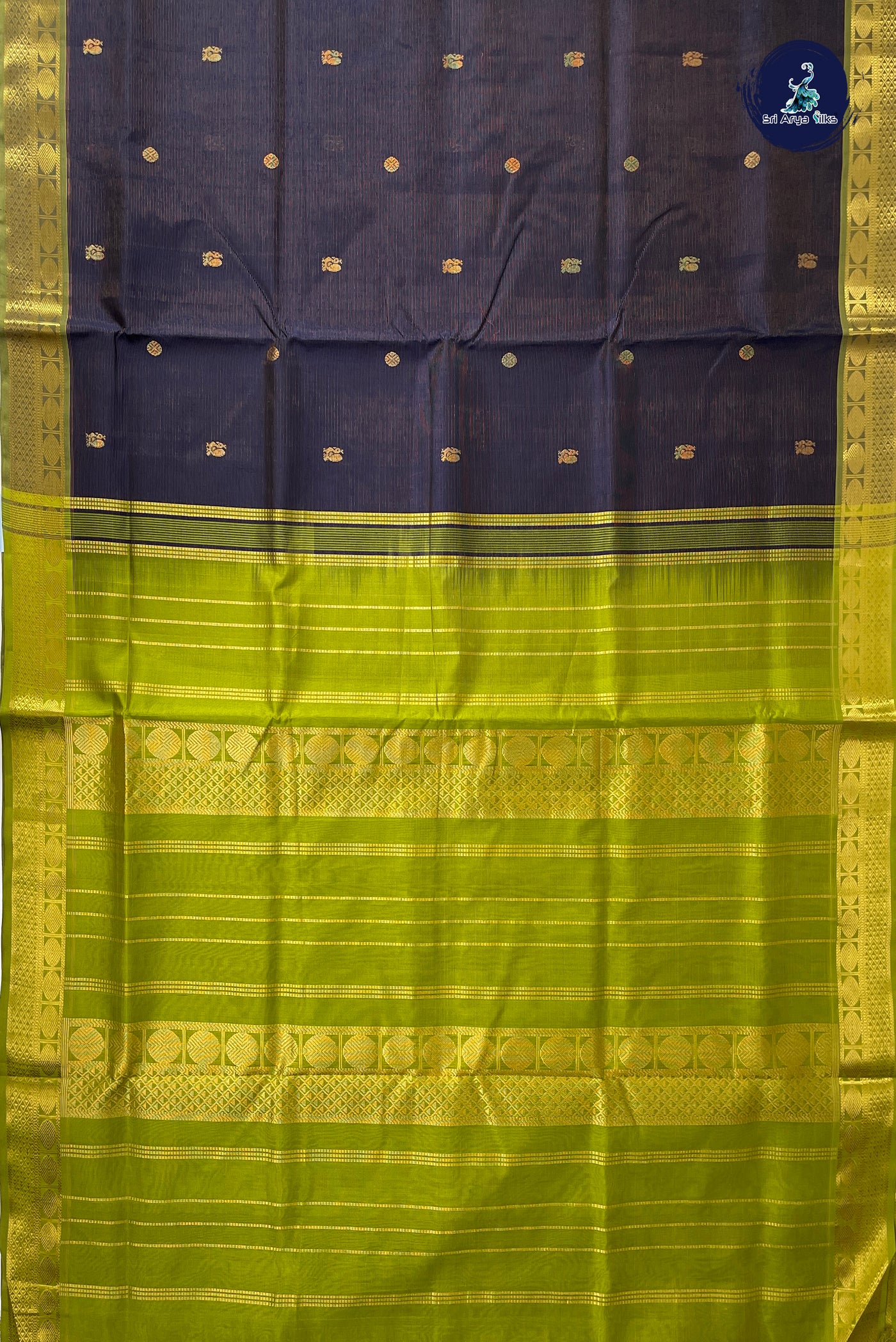 Navy Blue Vaira Oosi Silk Cotton Saree With Vaira Oosi Pattern