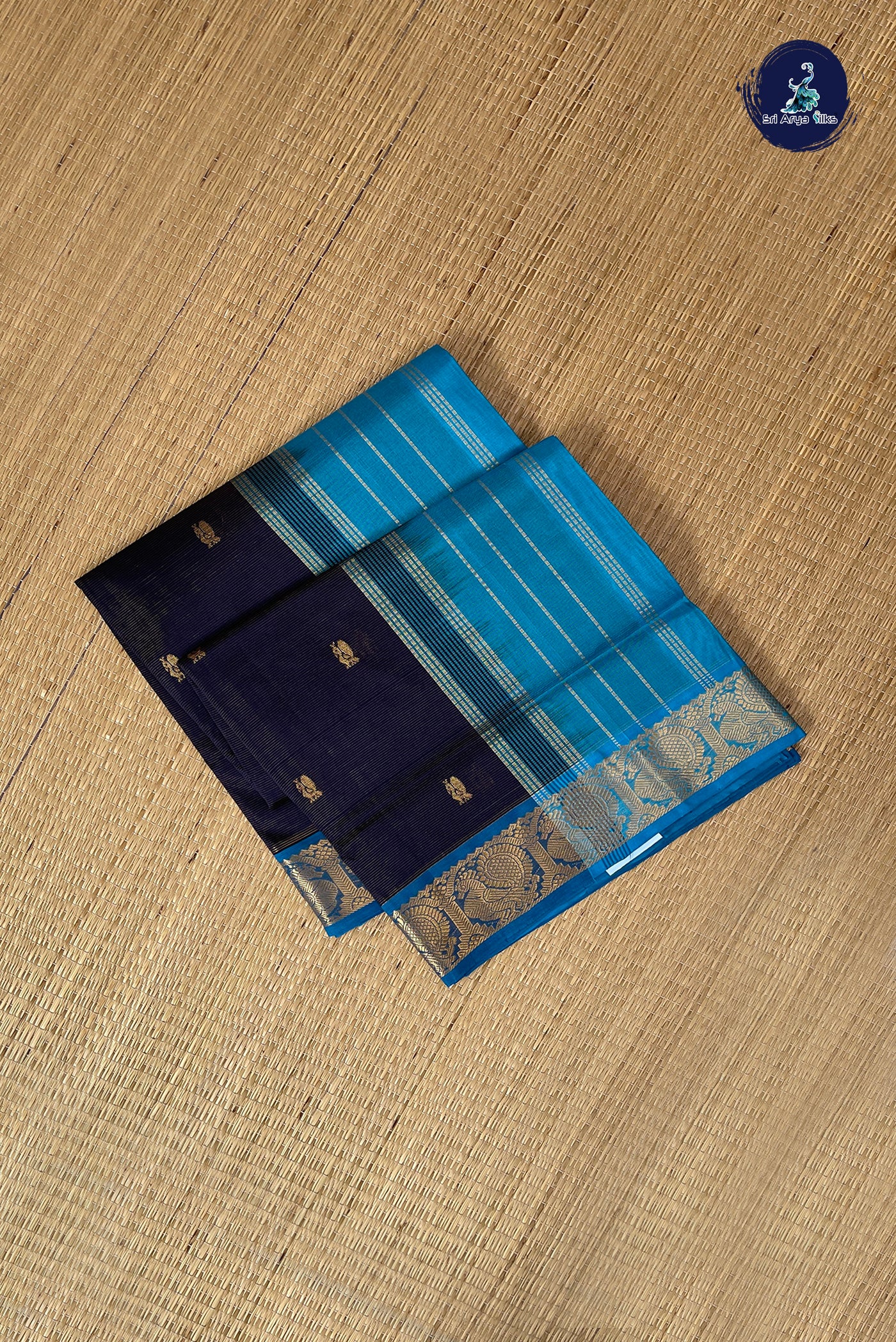 Navy Blue Vaira Oosi Silk Cotton Saree With Vaira Oosi Pattern