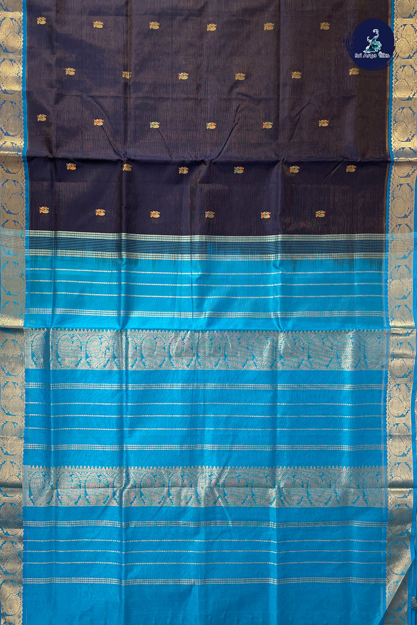 Navy Blue Vaira Oosi Silk Cotton Saree With Vaira Oosi Pattern