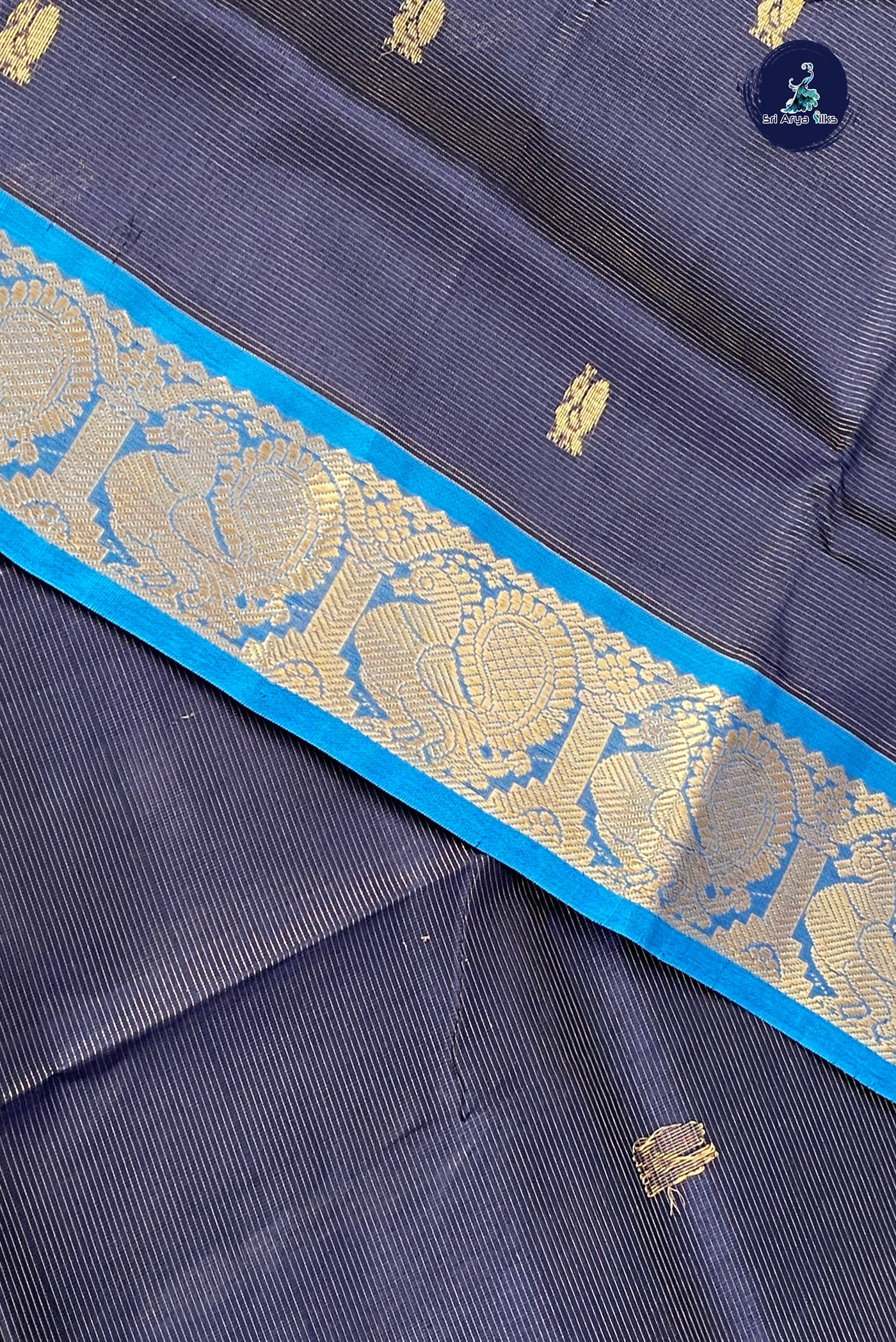 Navy Blue Vaira Oosi Silk Cotton Saree With Vaira Oosi Pattern