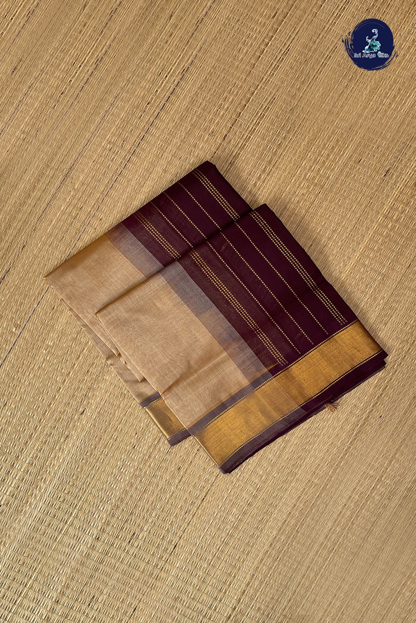 Beige Simple Silk Cotton Saree With Plain Pattern