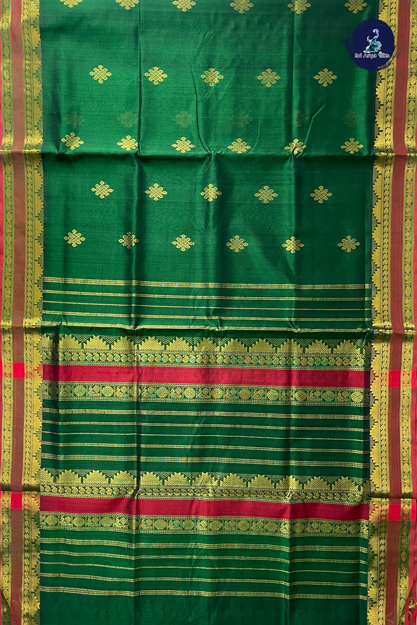 Bottle Green Simple Silk Cotton Saree With Kolam Butta Pattern