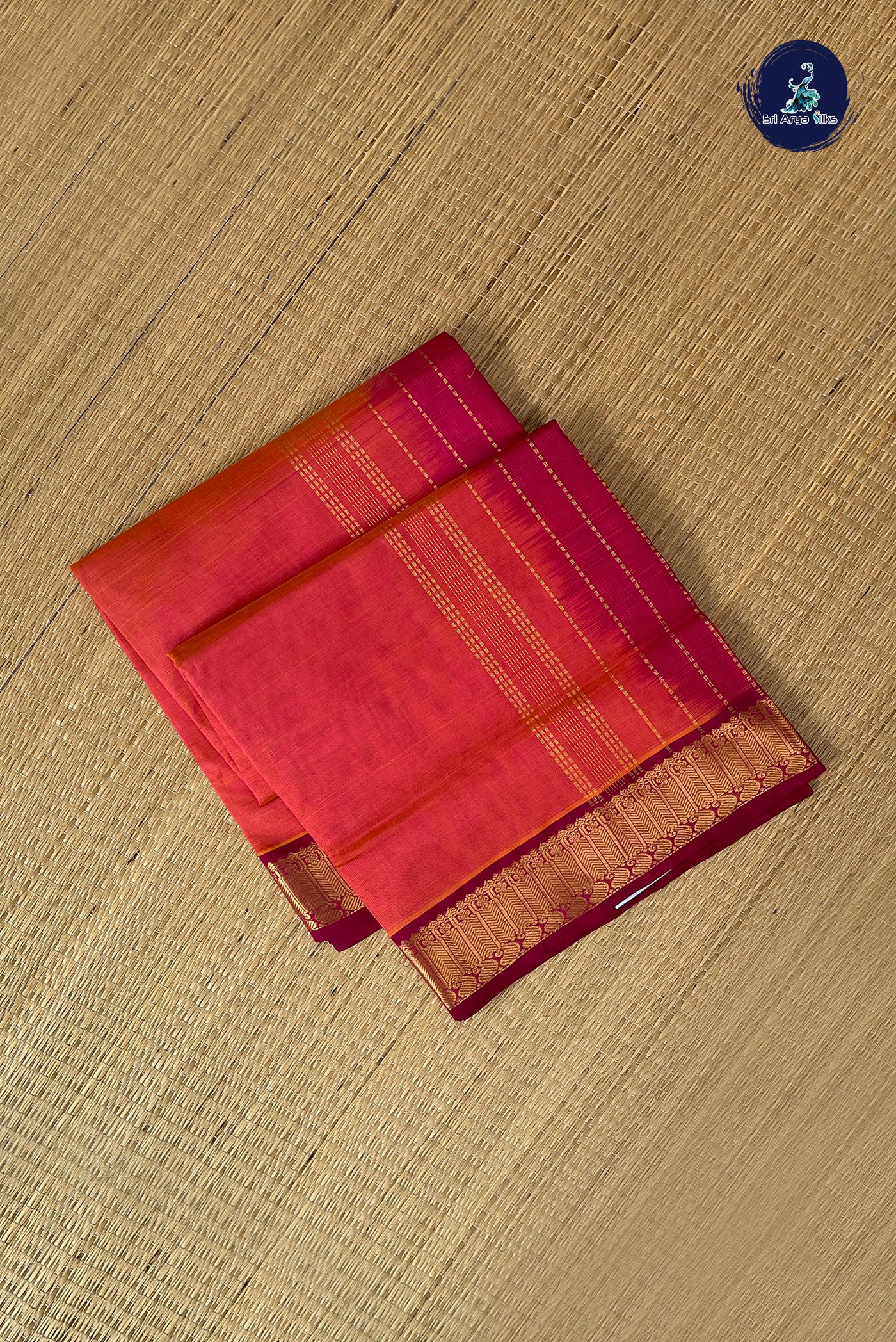 Orangish Pink Vaira Oosi Silk Cotton Saree With Vaira Oosi Pattern