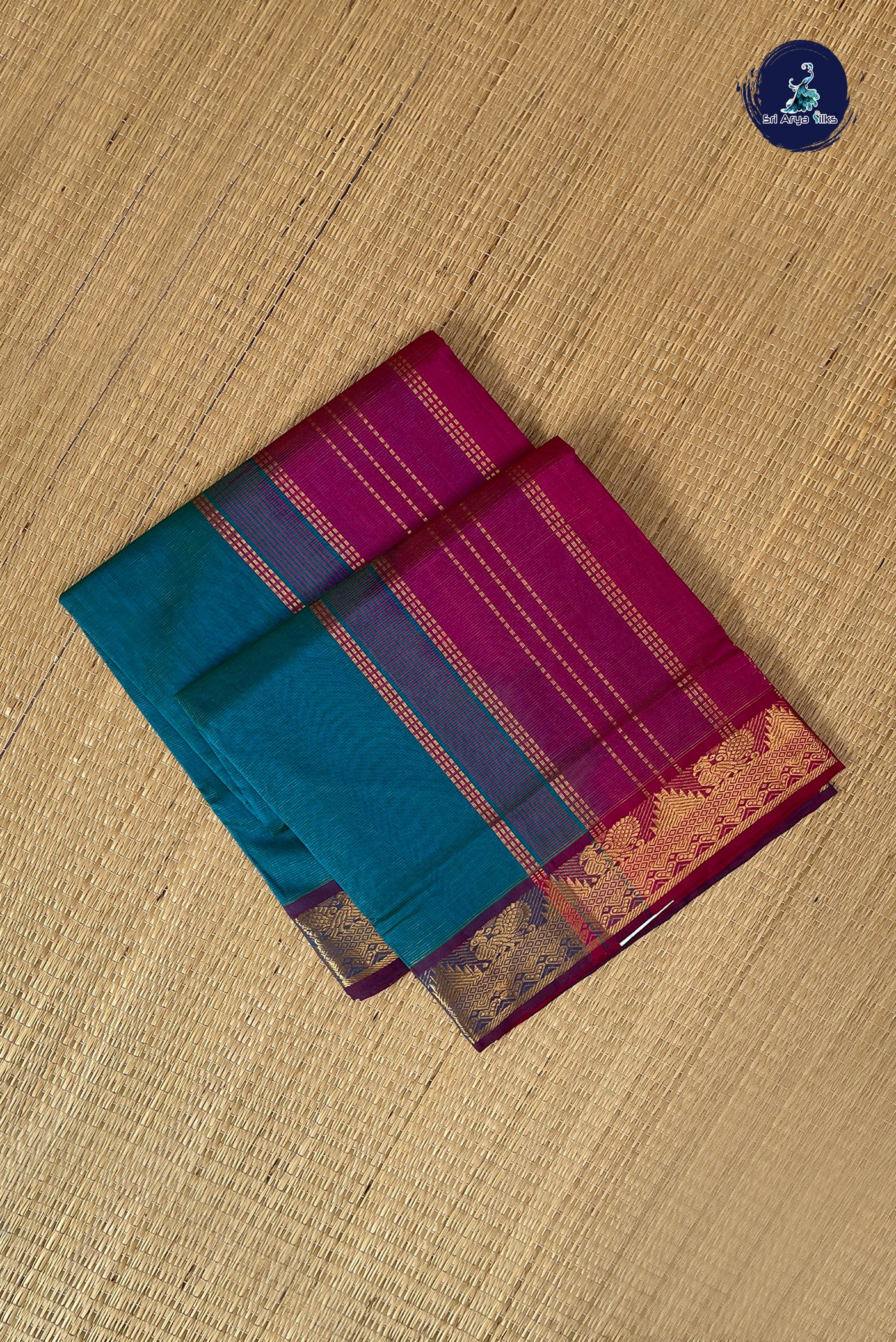 Peacock Blue Vaira Oosi Silk Cotton Saree With Vaira Oosi Pattern
