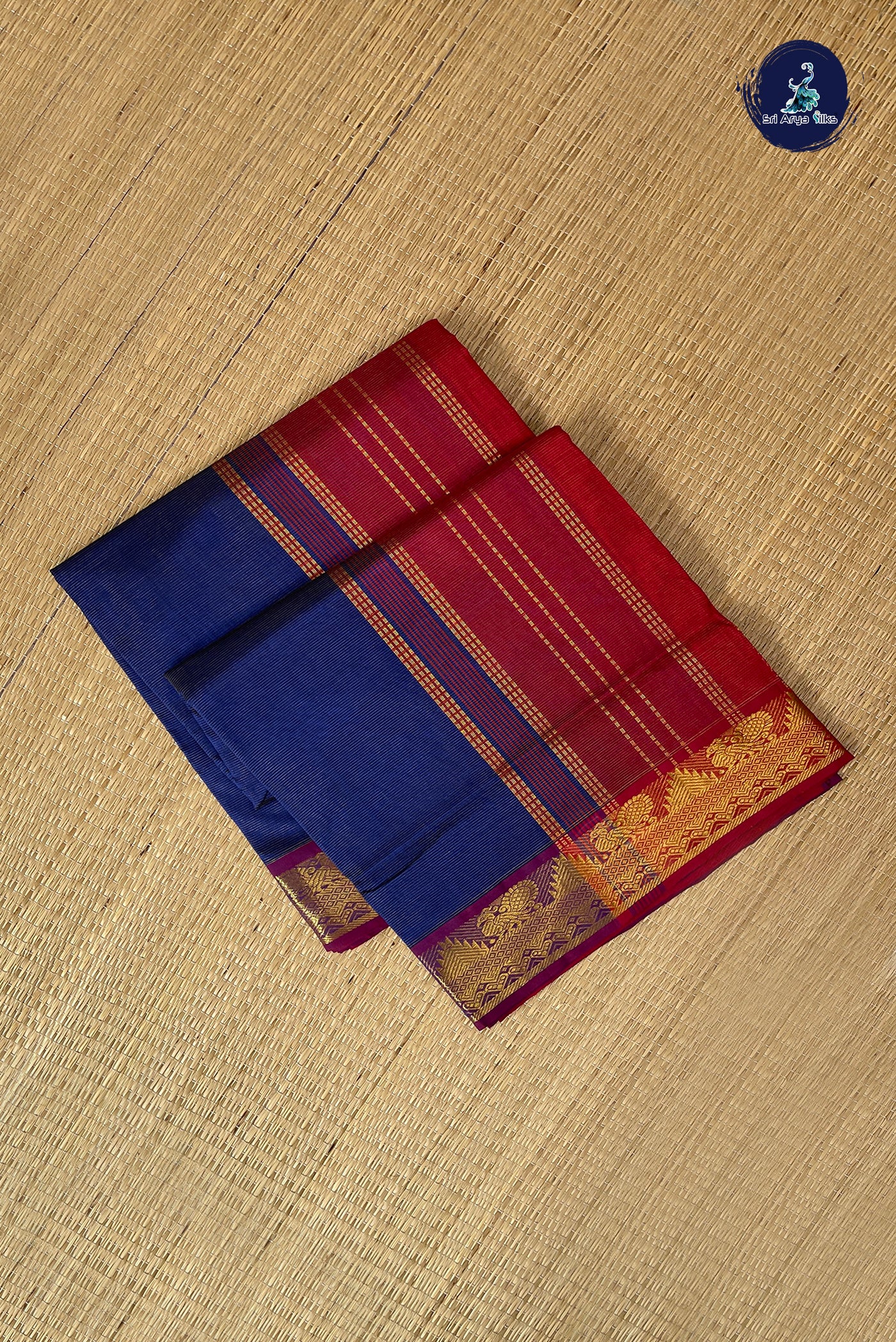 Dark Blue Vaira Oosi Silk Cotton Saree With Vaira Oosi Pattern