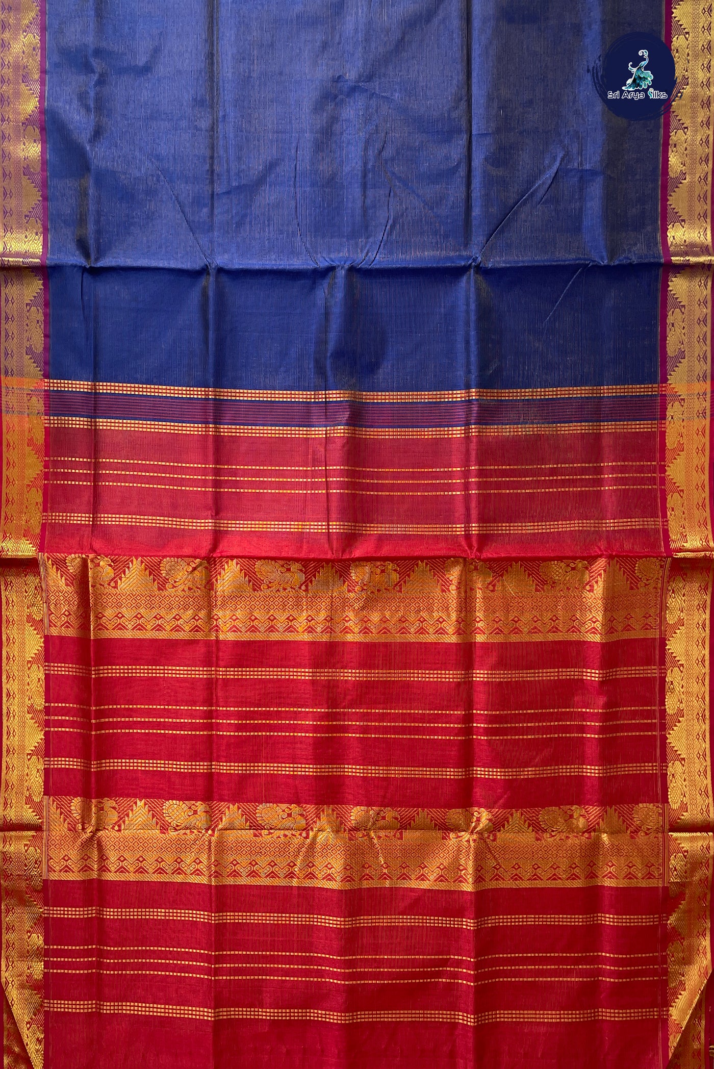 Dark Blue Vaira Oosi Silk Cotton Saree With Vaira Oosi Pattern