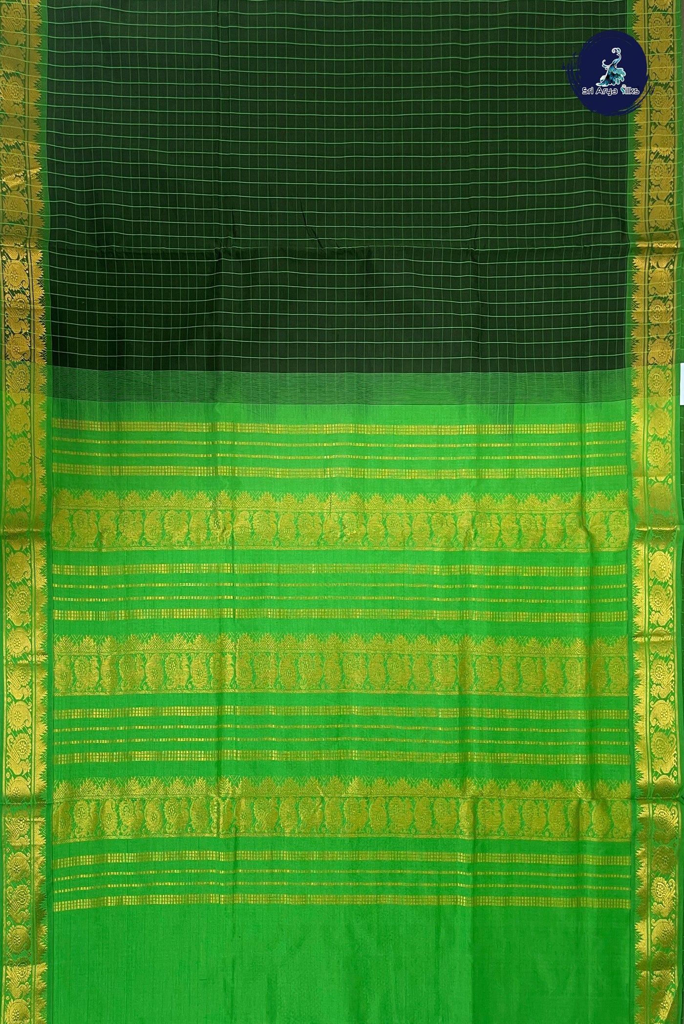 Dark Green Half Pure Silk Cotton Saree With Checked Pattern