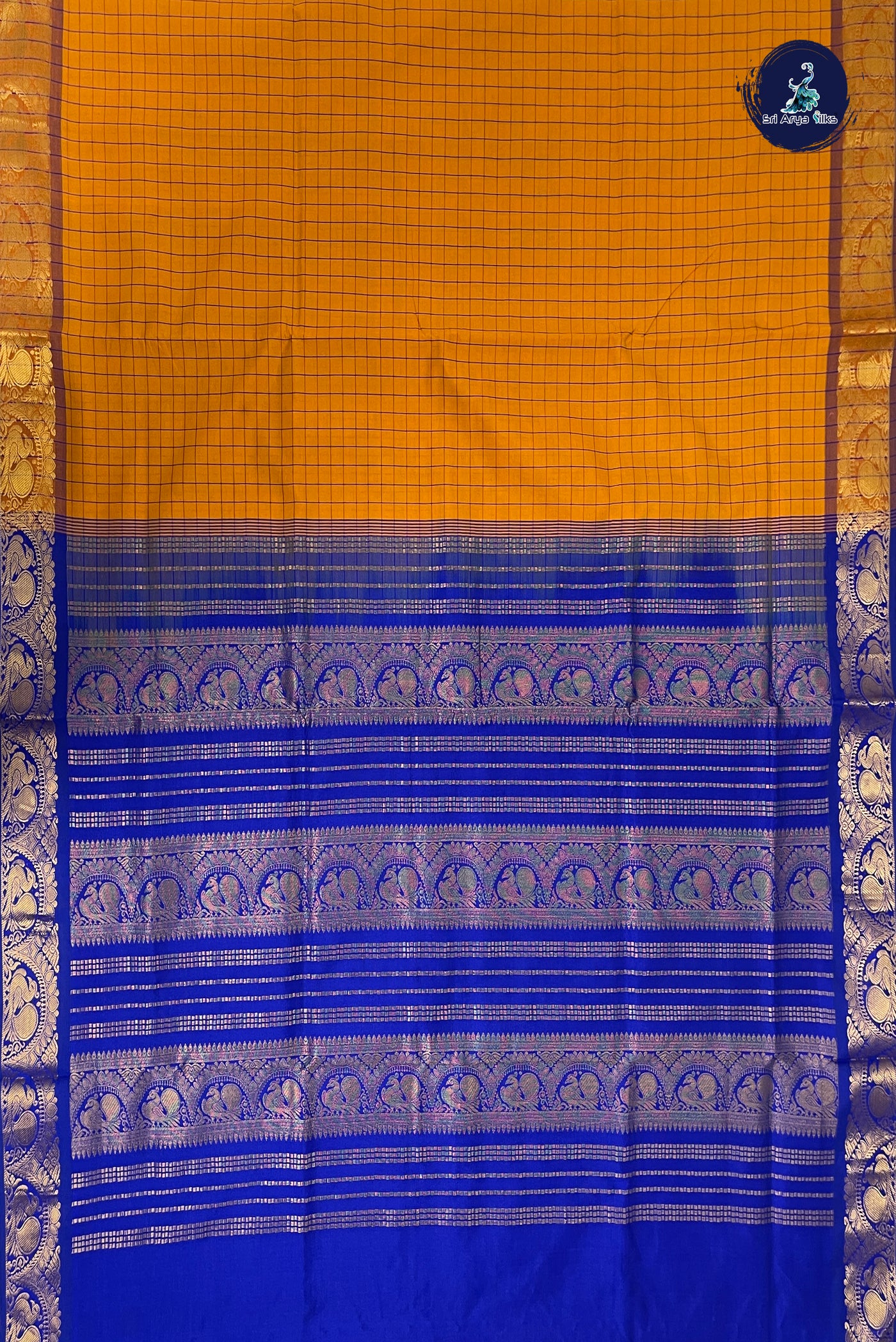 Yellowish Orange Half Pure Silk Cotton Saree With Checked Pattern