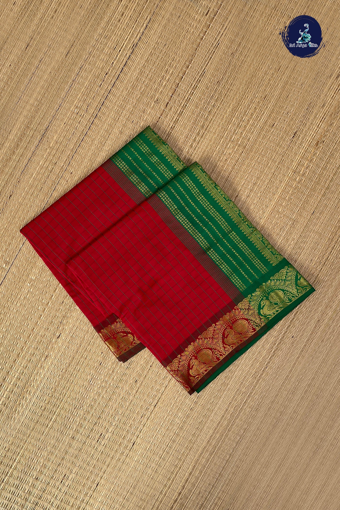 Red Half Pure Silk Cotton Saree With Checked Pattern
