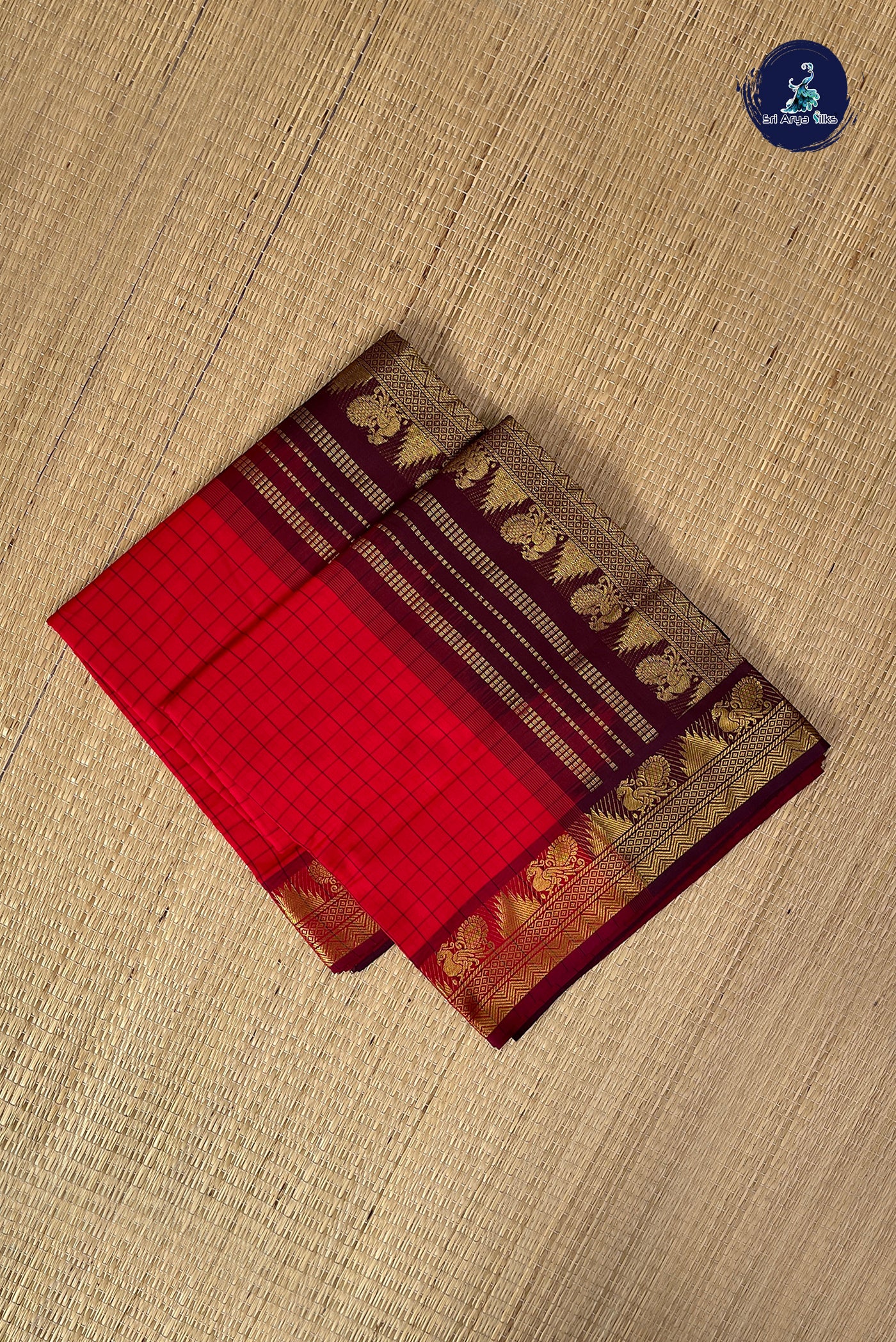 Red Half Pure Silk Cotton Saree With Checked Pattern