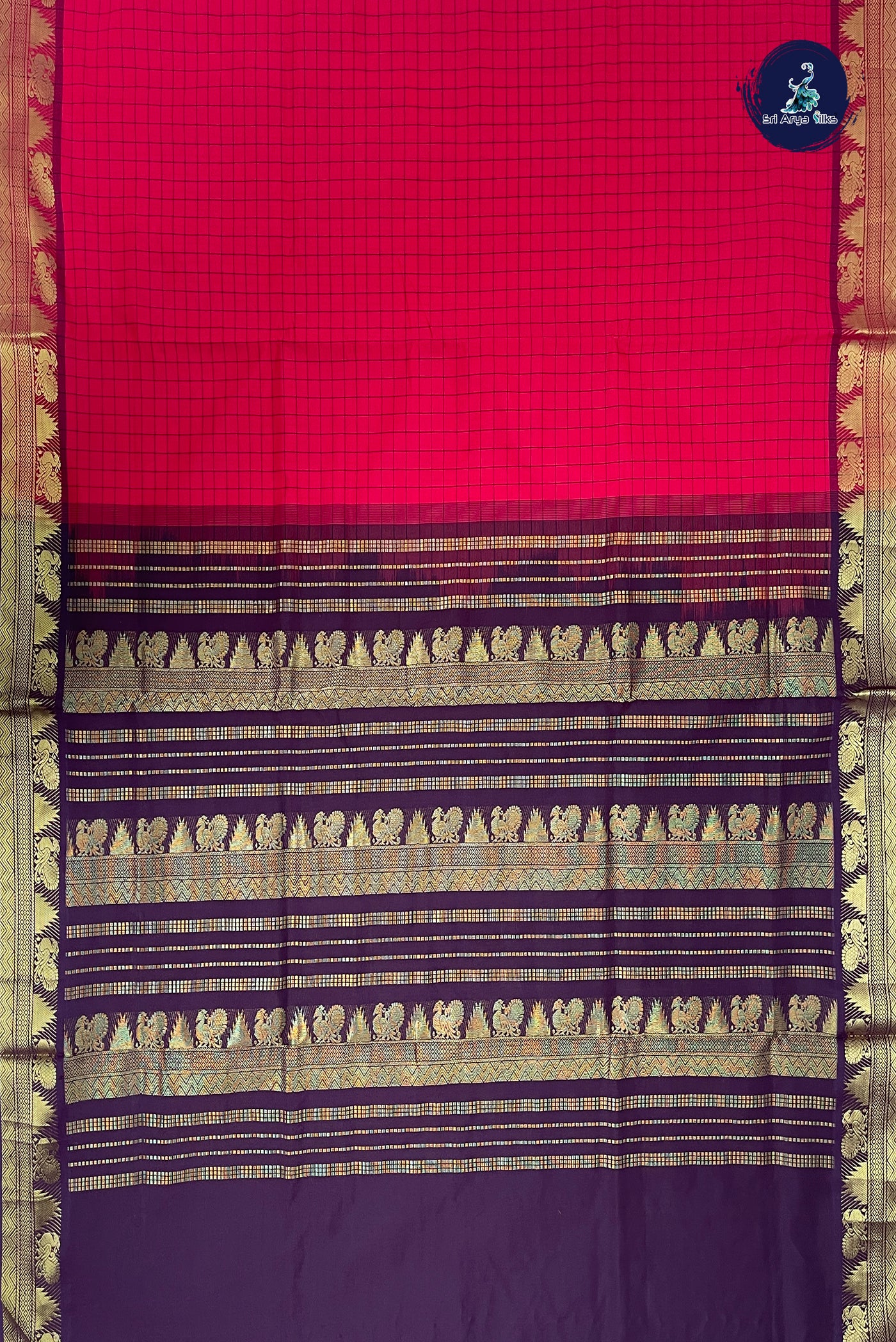 Red Half Pure Silk Cotton Saree With Checked Pattern